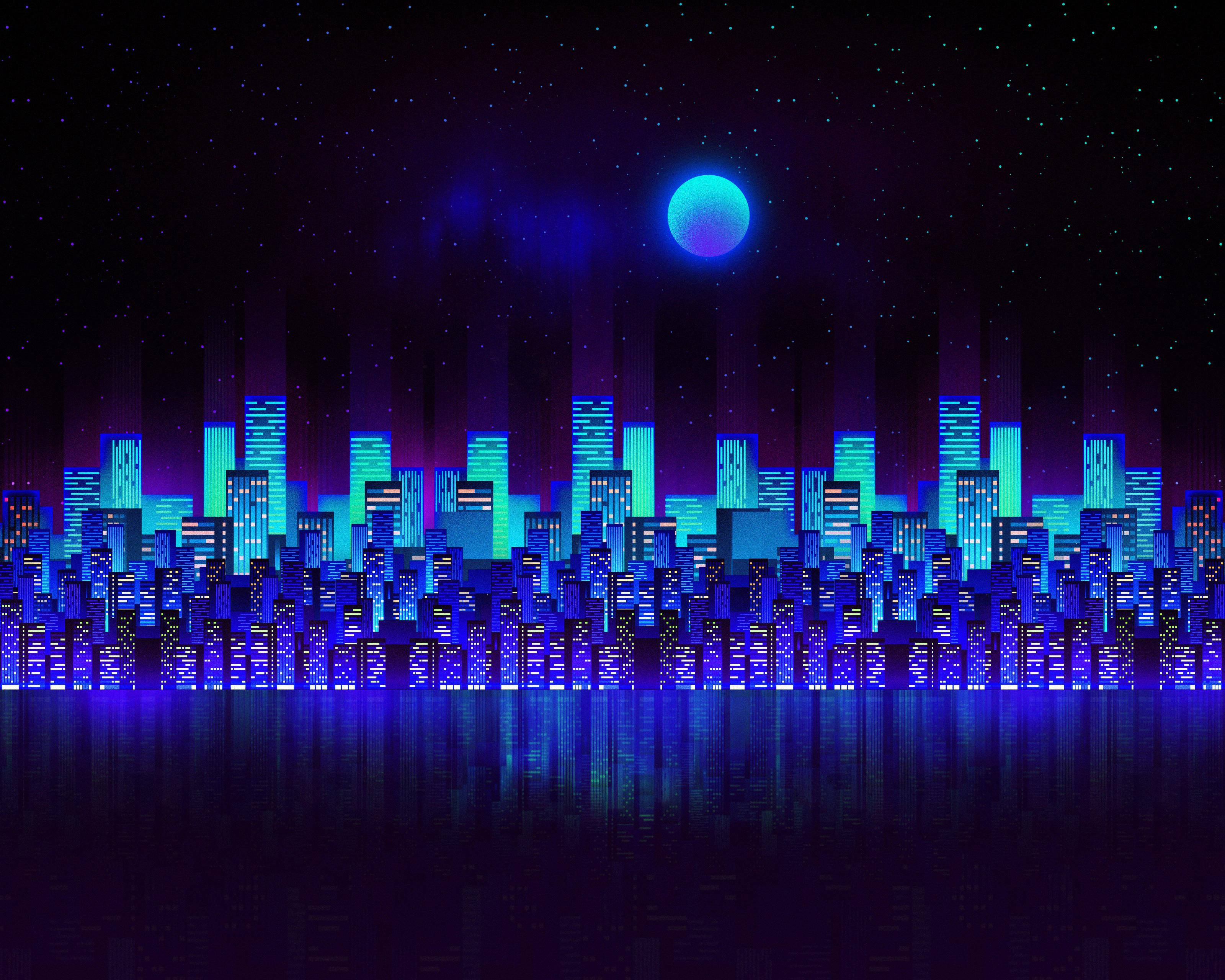 PC estética azul ciudad neón Fondos de pantalla