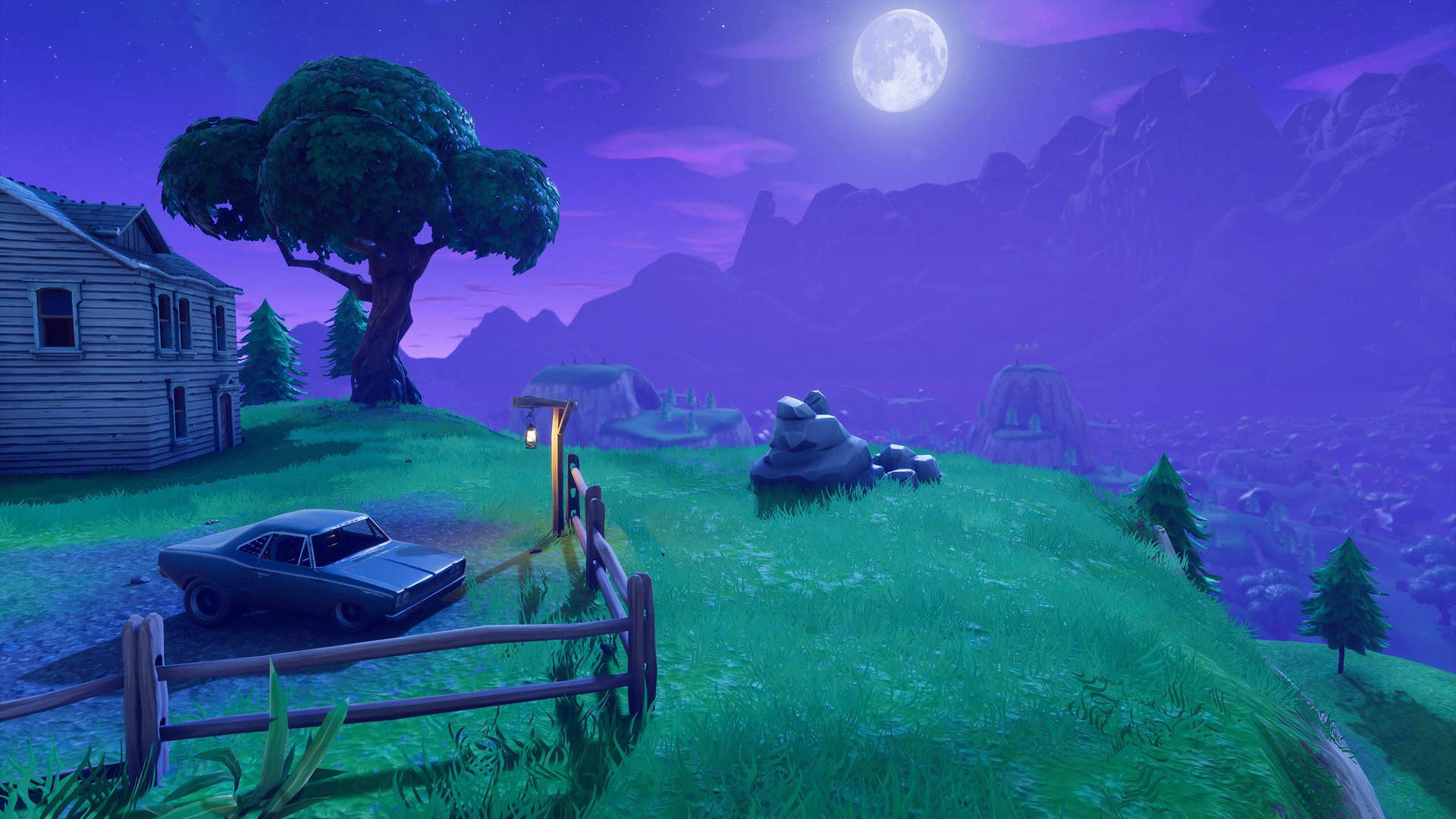 Vista nocturna y tranquila con luna llena en Fortnite en HD.