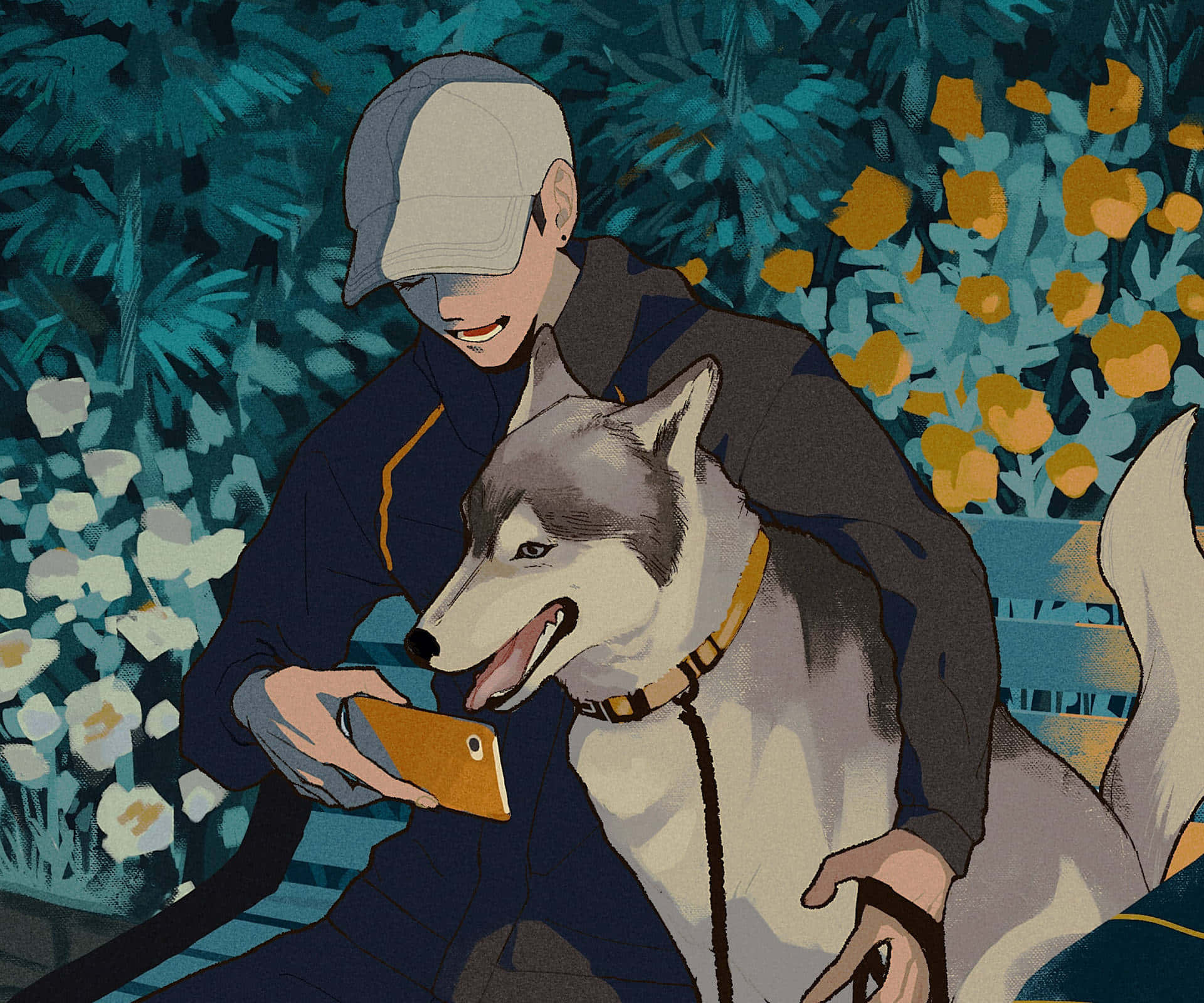 Perro Caricatura Lindo Mirando el Teléfono Fondos de pantalla