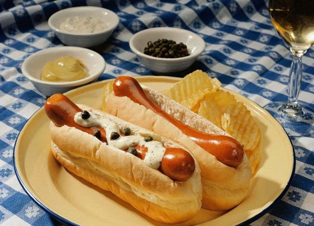 perros calientes en un plato con papas fritas y una copa de vino Fondos de pantalla