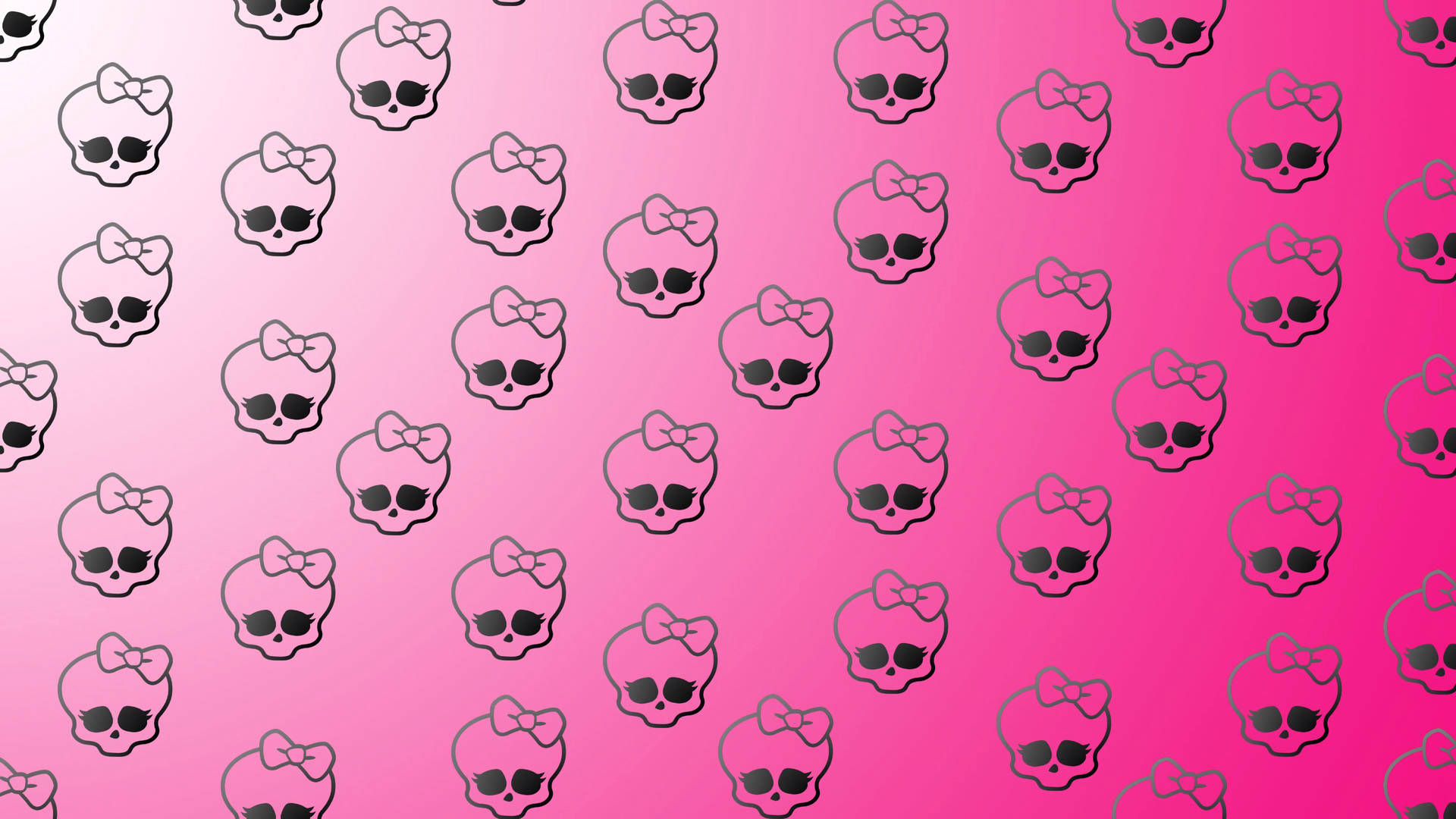 Calavera con moño en la cabeza sobre fondo degradado rosa.