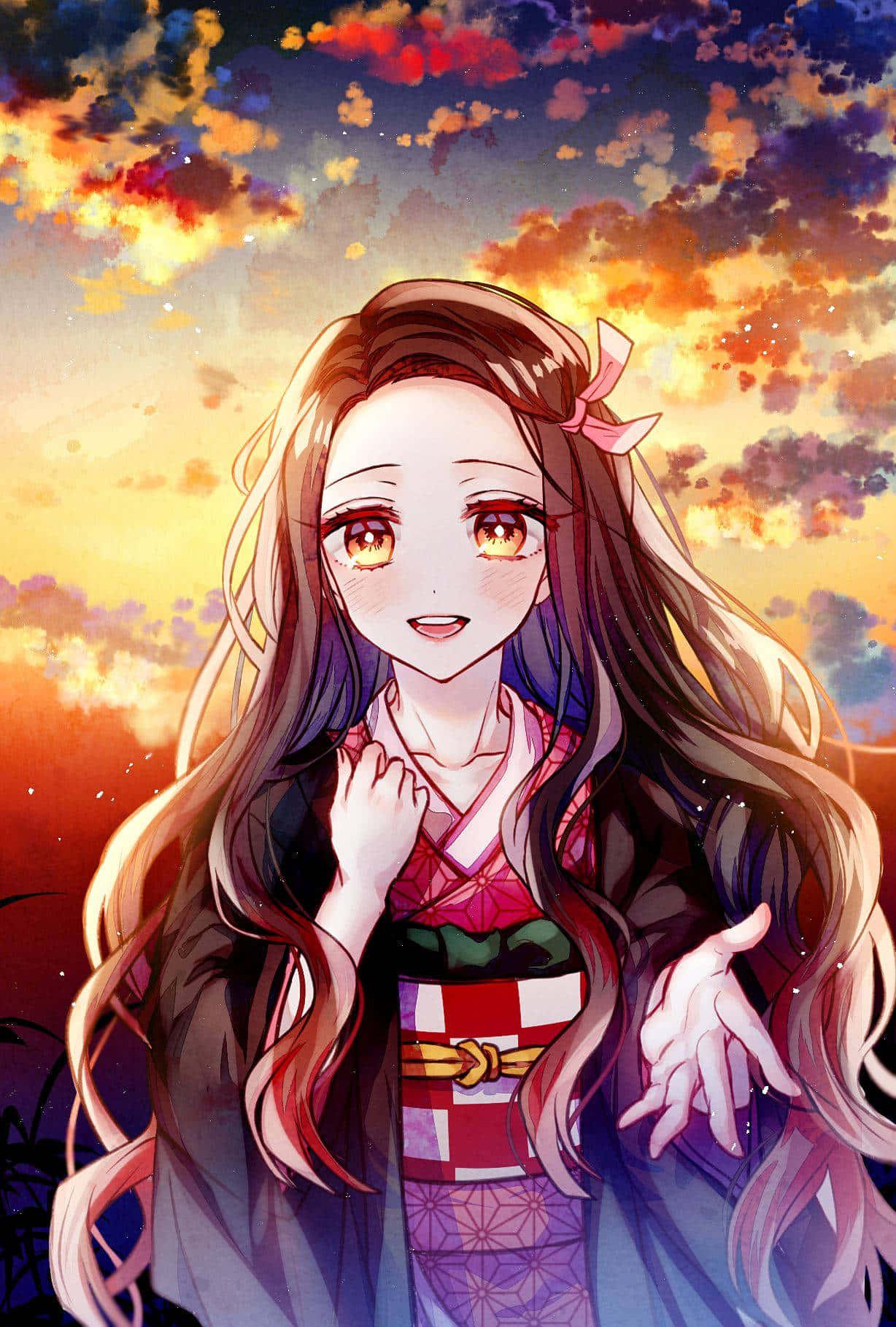 Personaje de Anime Nezuko Kamado Linda con Cielo Atardecer Fondos de pantalla