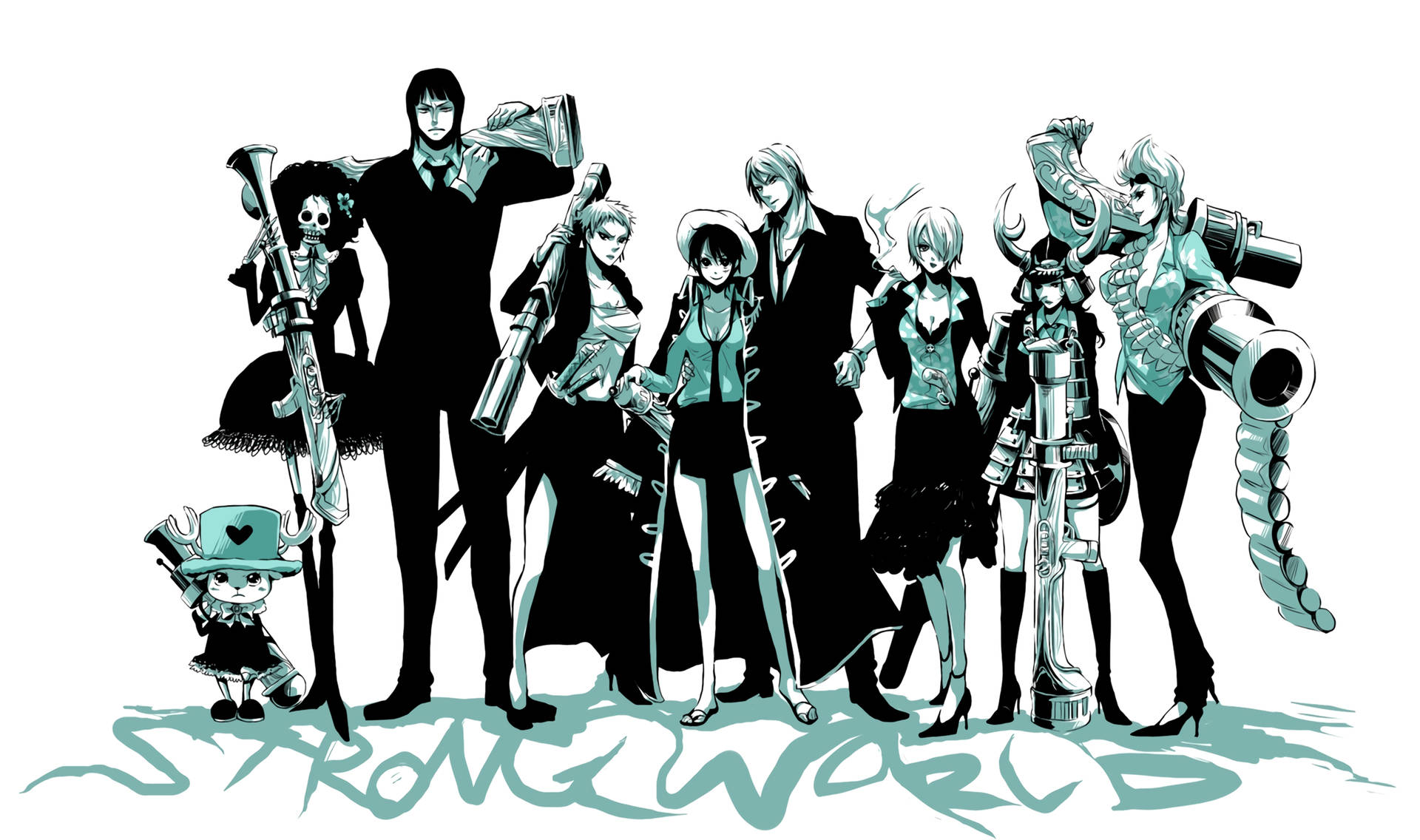 Fondo de pantalla de personajes de One Piece en trajes con sombras que deletrean "Strong World"