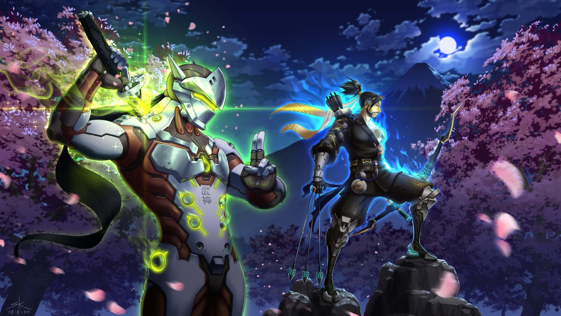 Personajes Hanzo y Genji 1920x1080 Fondo Nocturno de Overwatch Fondos de pantalla