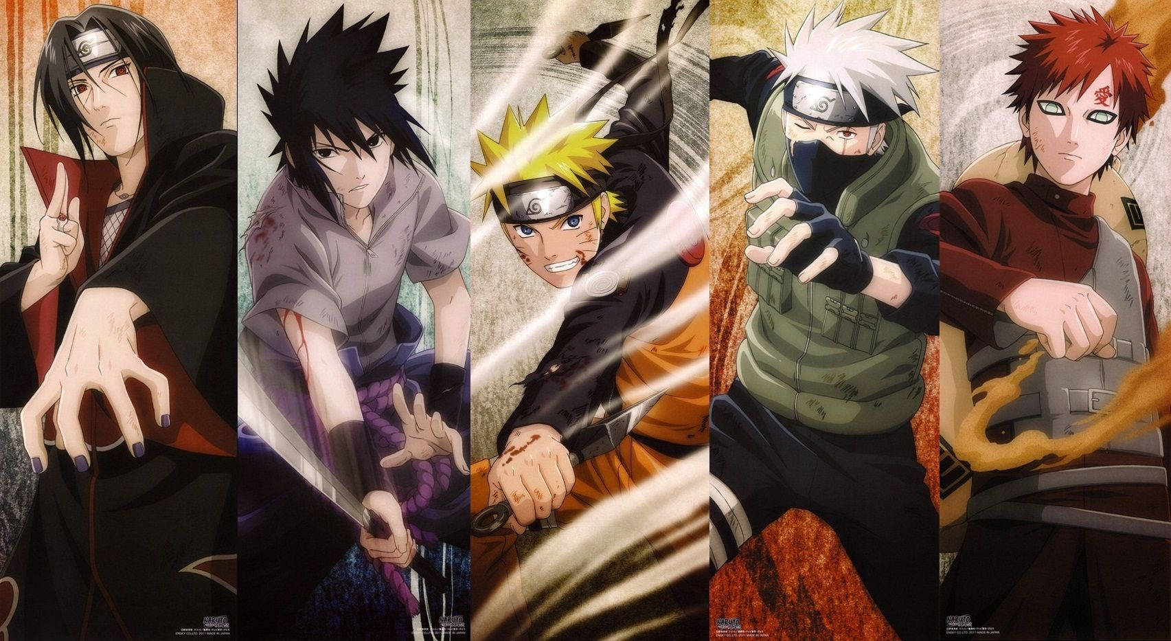 Sasuke, Naruto, Kakashi y Gaara mostrando sus poderes o chakra.