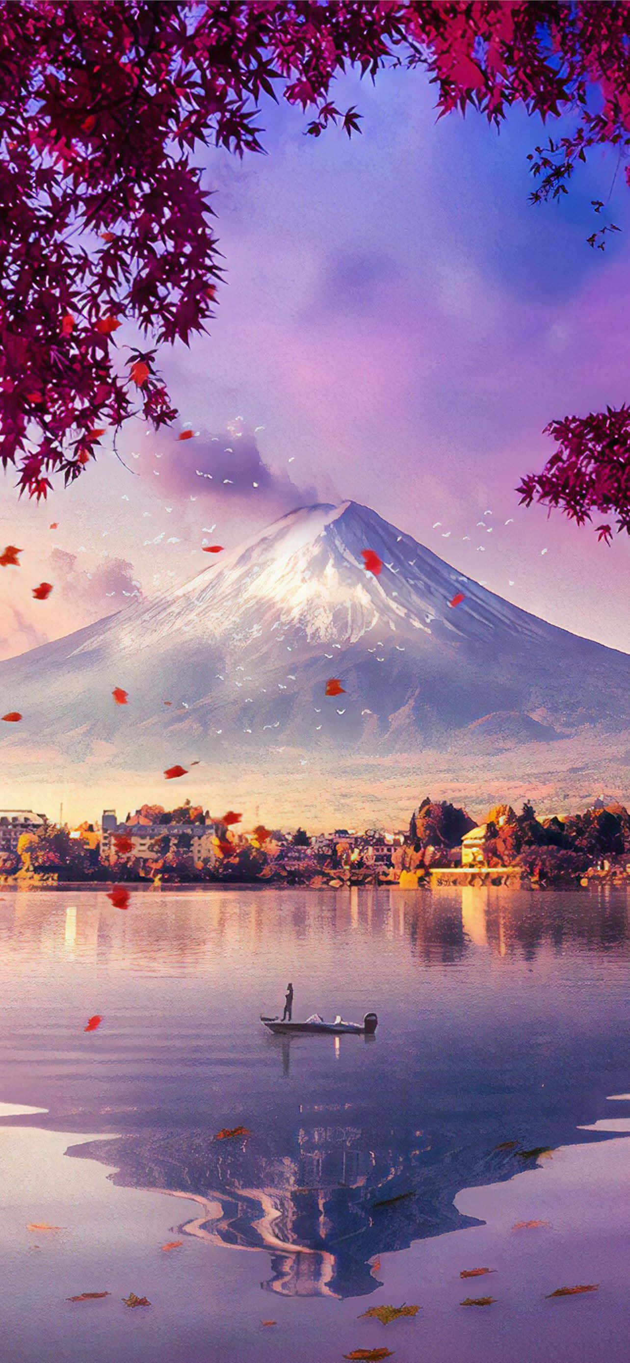 Pico Fuji con Lago y Hojas Cayendo Fondos de pantalla