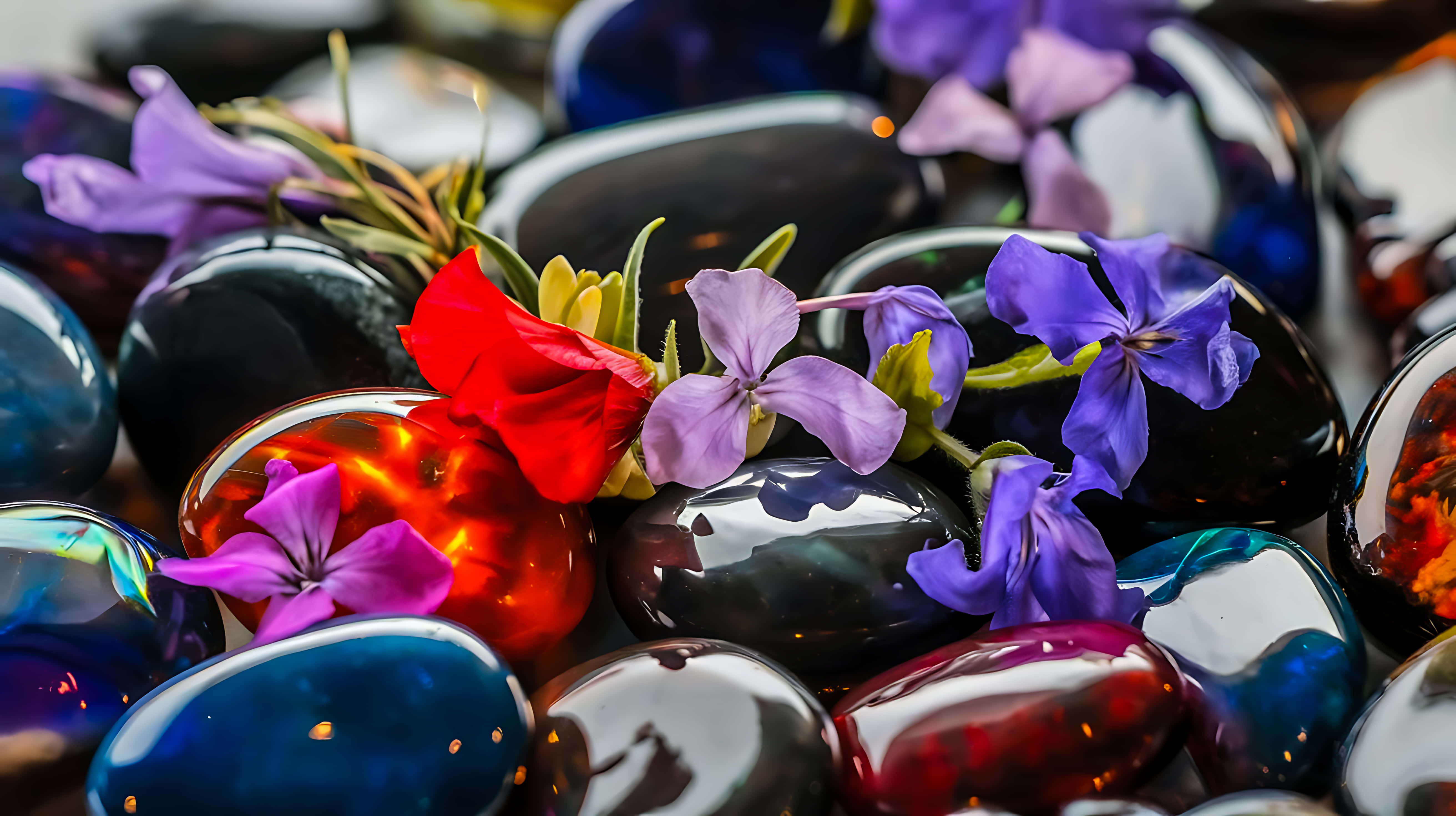 Piedras pulidas con flores en la superficie primer plano Fondos de pantalla