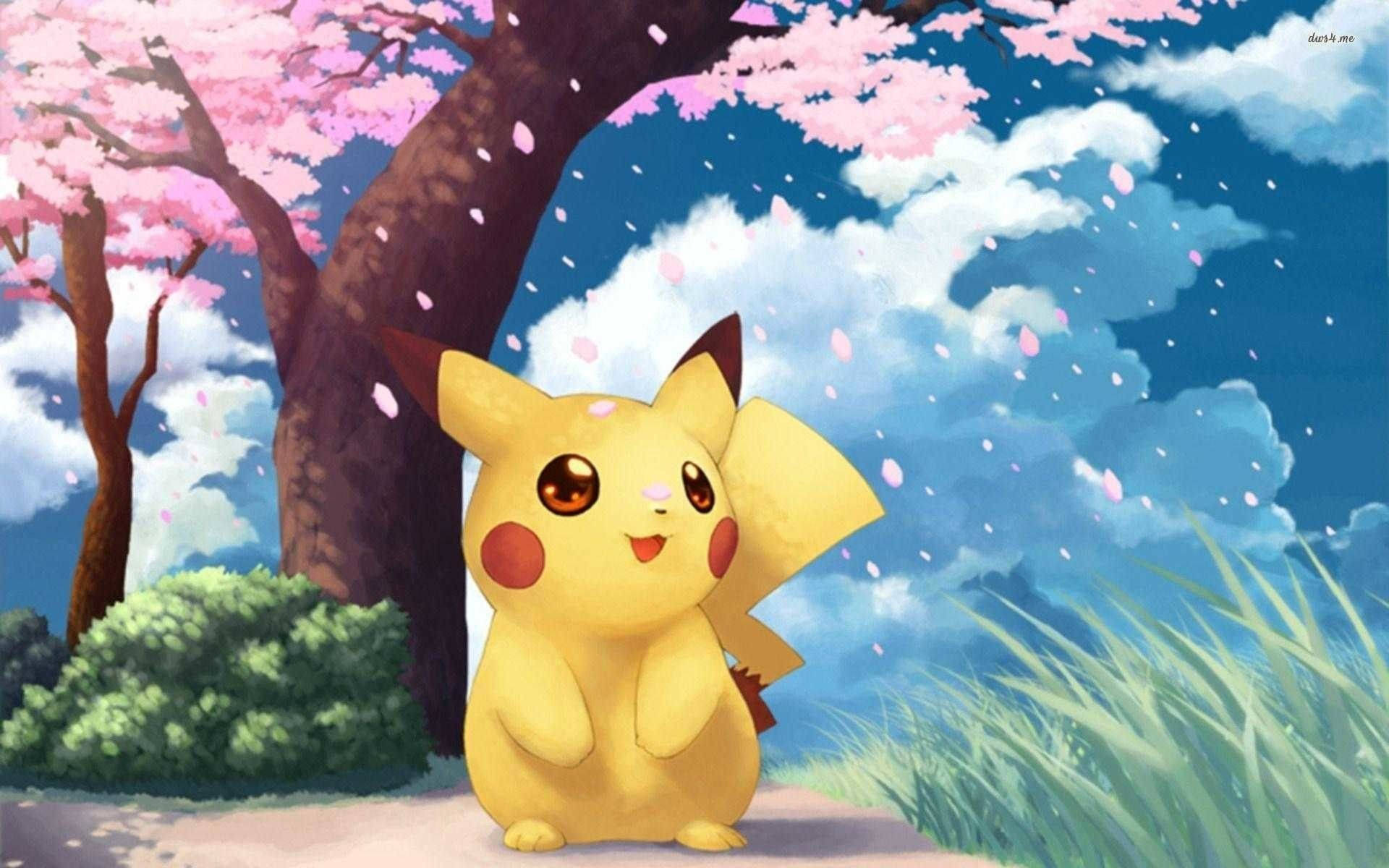 Pikachu de Pokémon genial con cerezos en flor Fondos de pantalla