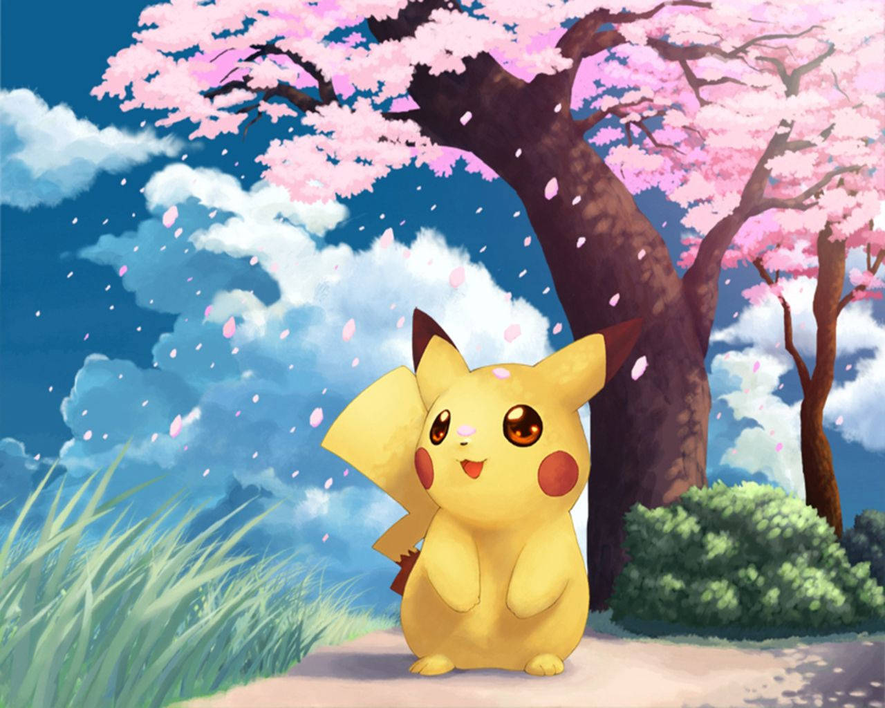 Fondo de pantalla de Pikachu en un fan art entre pétalos de cerezo cayendo.