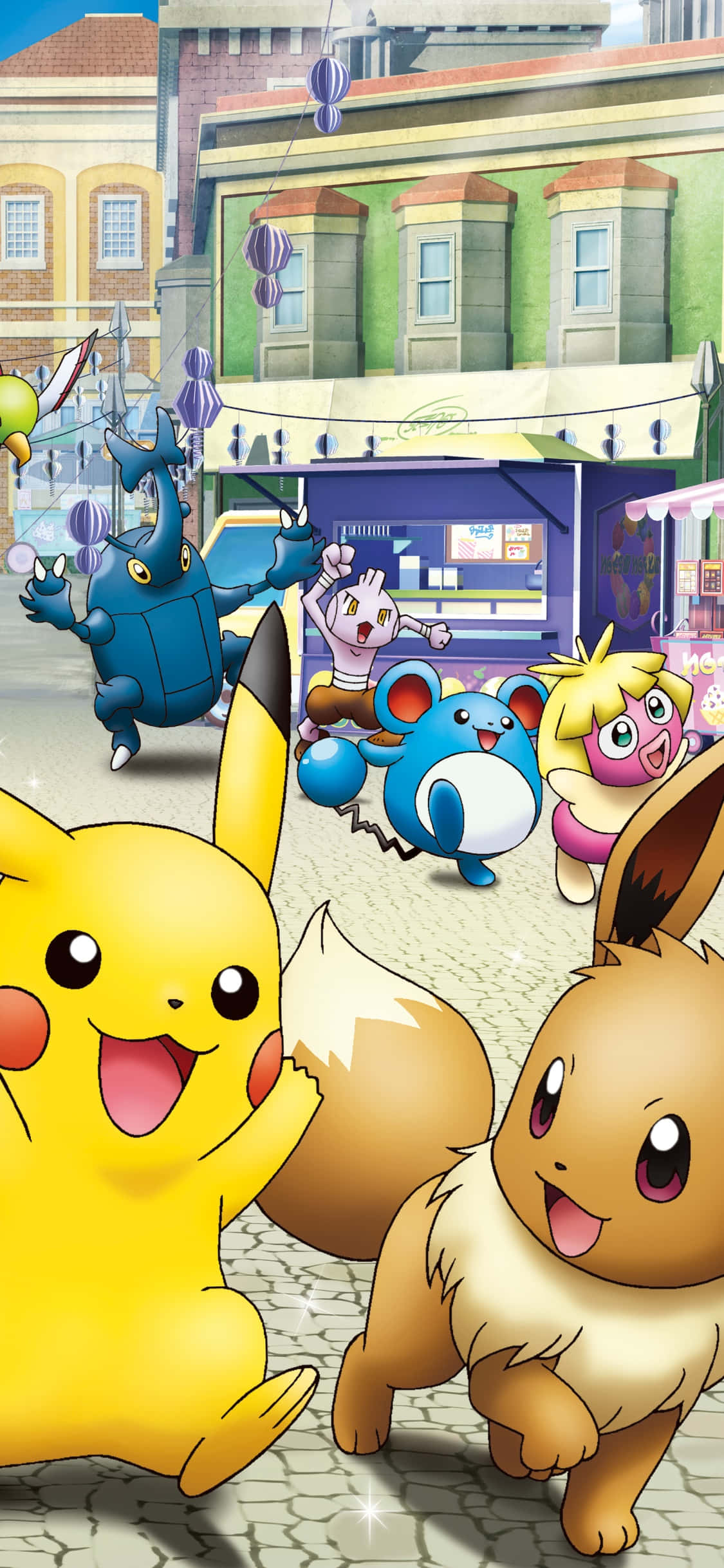 Pikachu y Eevee compartiendo un momento adorable Fondos de pantalla