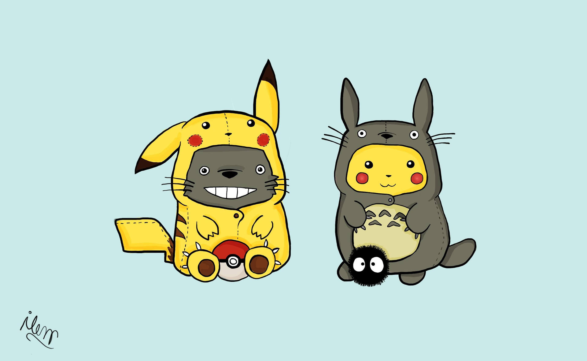 Fondo de pantalla de Pikachu y Totoro intercambiando pieles.