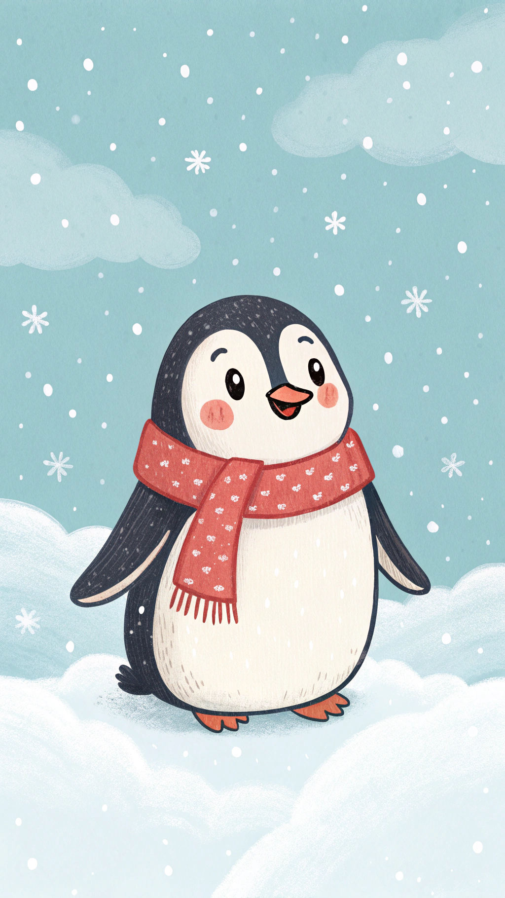 Pingüino lindo con bufanda roja en la nieve Fondos de pantalla