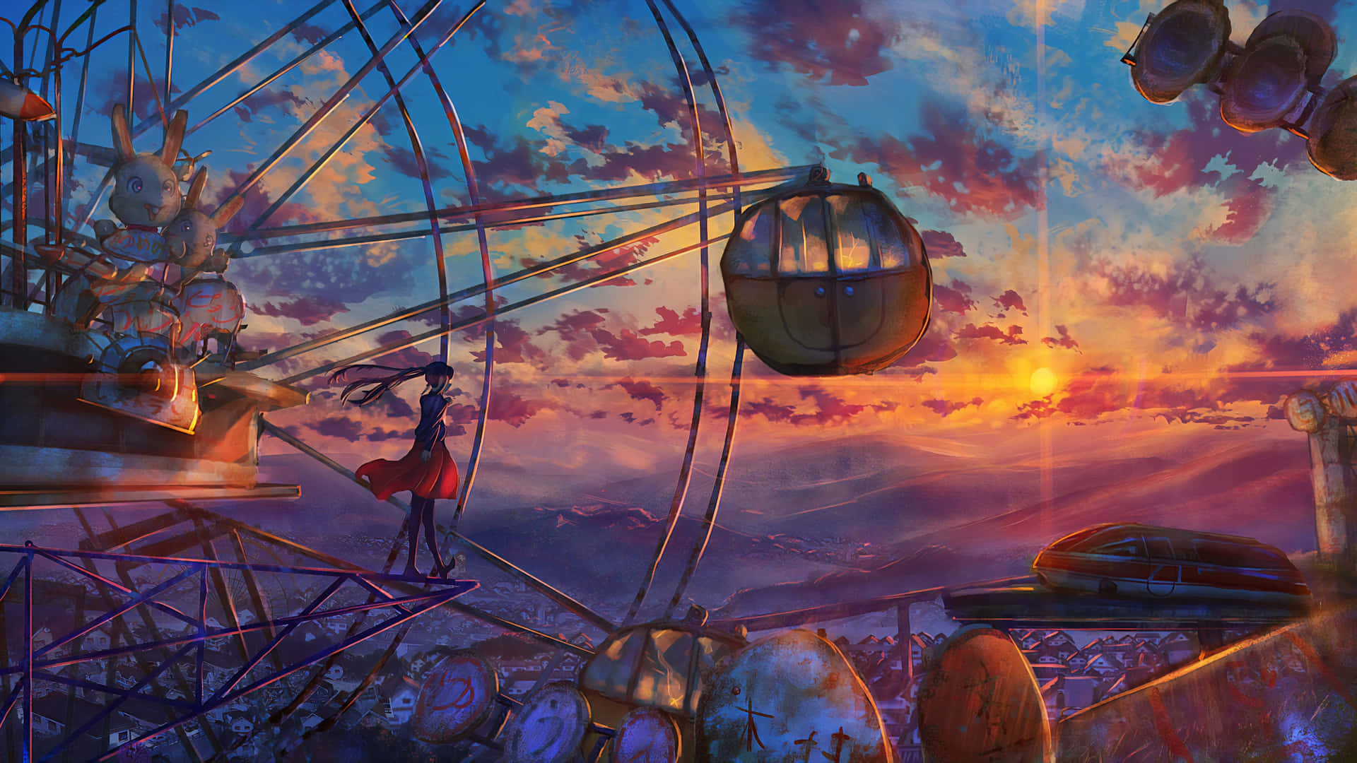 Pintura 4K de la Rueda de la Fortuna al Atardecer