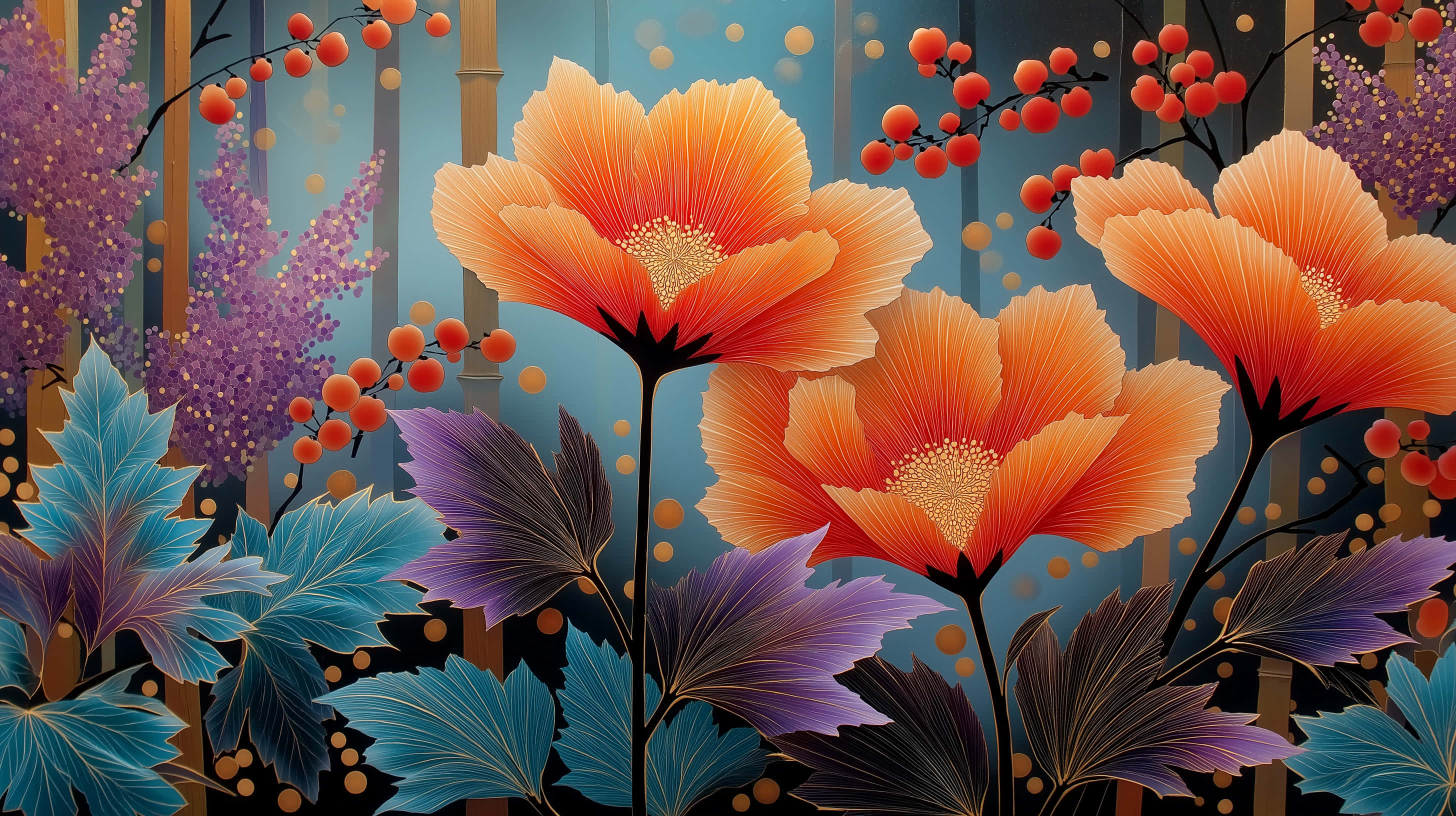Pintura abstracta de estilo japonés con flores naranjas vibrantes Fondos de pantalla