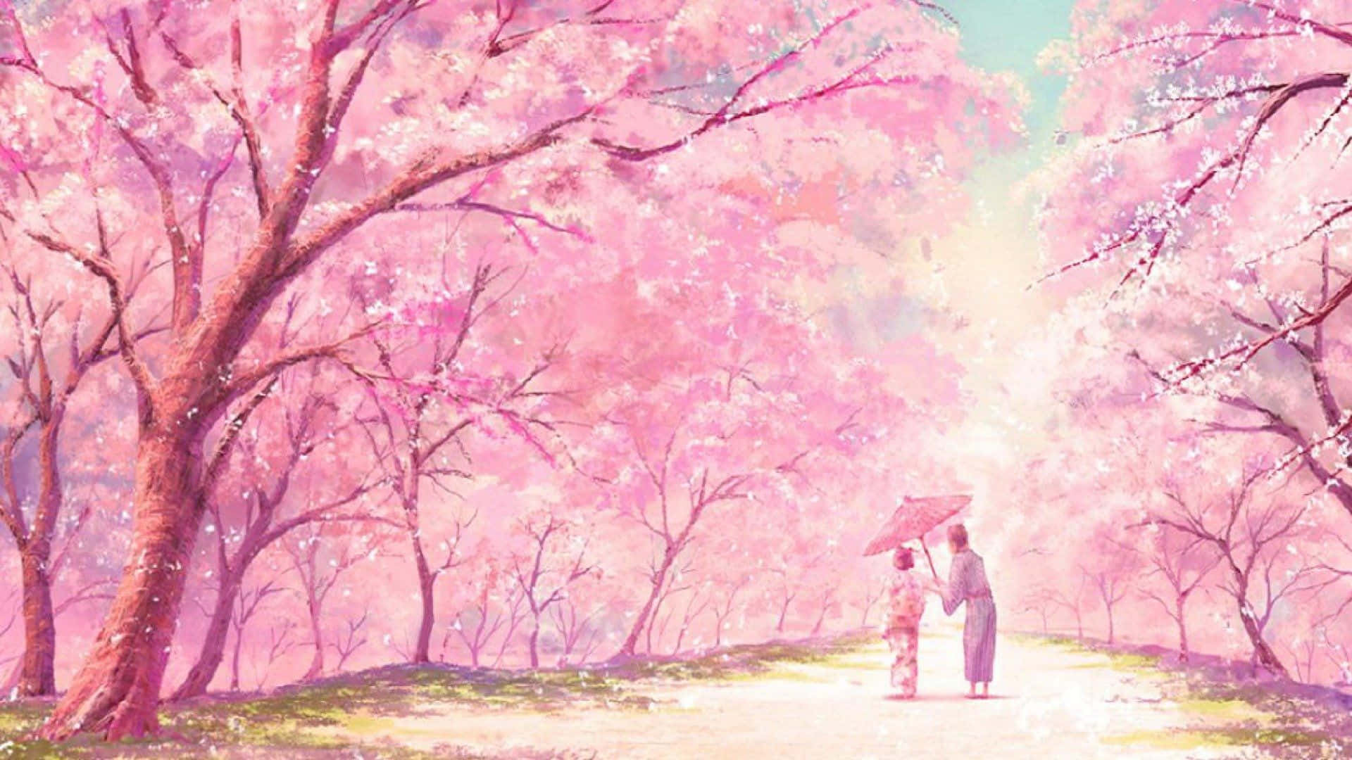Pintura Anime Estética Suave de Cerezos en Computadora Fondos de pantalla