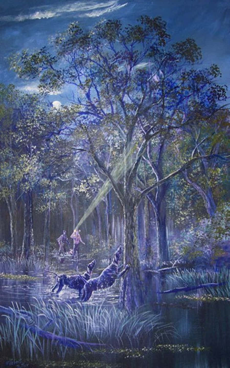 Pintura de perros de caza de mapaches ladrando a un árbol Fondos de pantalla