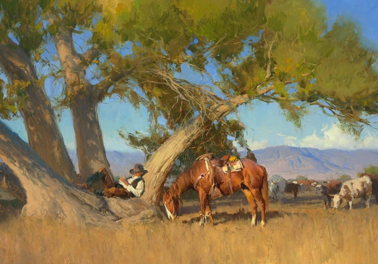 Pintura de vaquero del oeste descansando para escritorio Fondos de pantalla