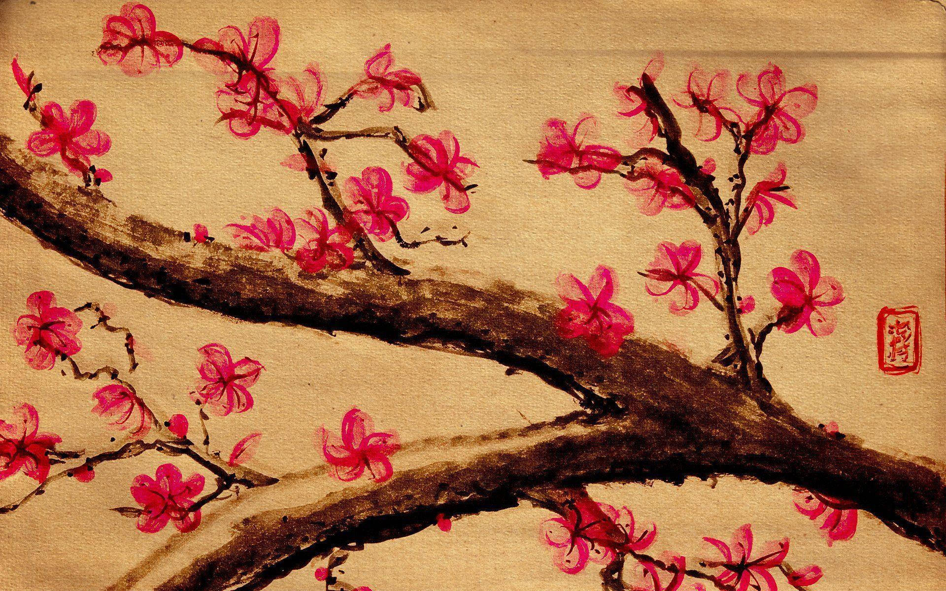 Pintura estética de rama de árbol en laptop Fondos de pantalla