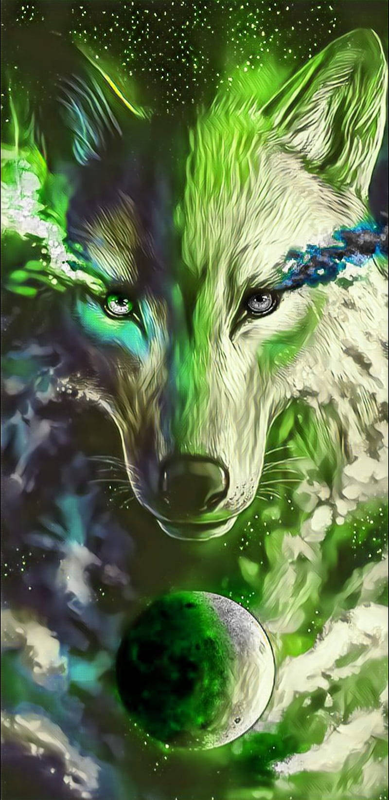 Pintura verde genial de galaxia y lobo Fondos de pantalla