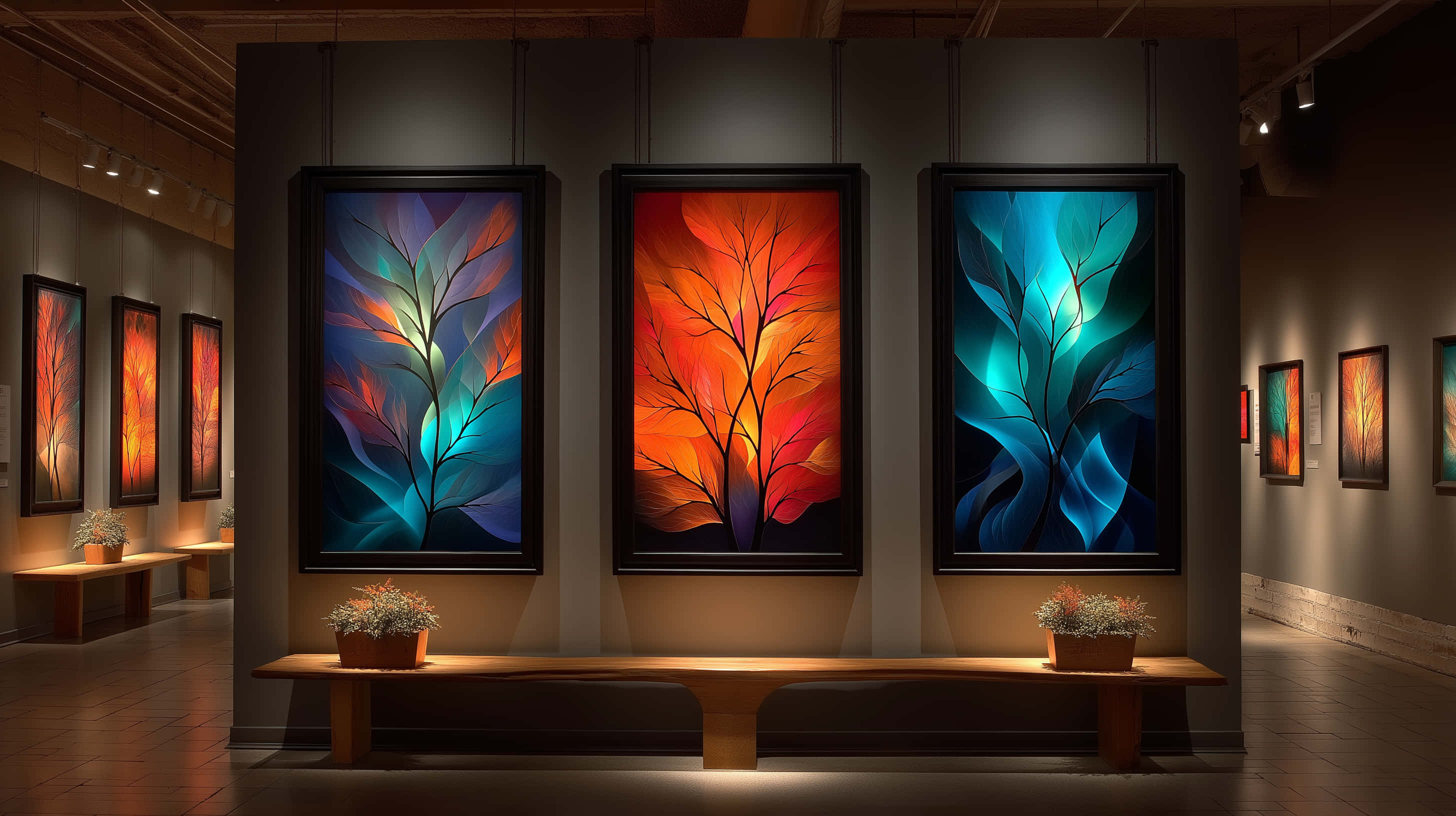 Pinturas abstractas vibrantes de estilo japonés en galería de arte Fondos de pantalla