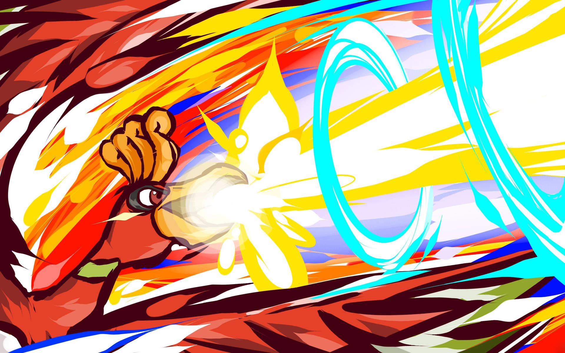Pokémon ave roja lanzando fuego sagrado en batalla.