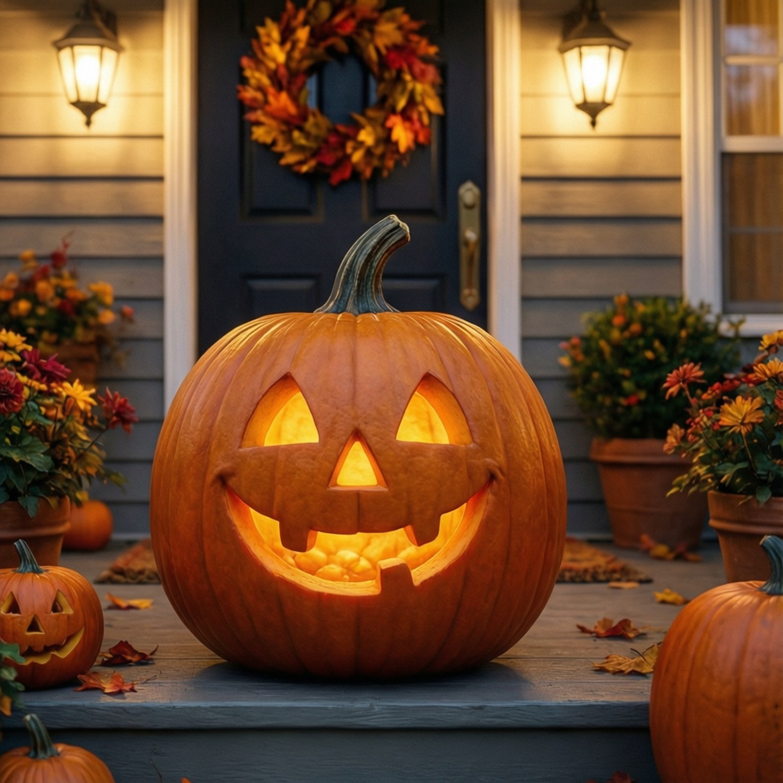Porche con calabaza de Halloween sonriente Fondos de pantalla
