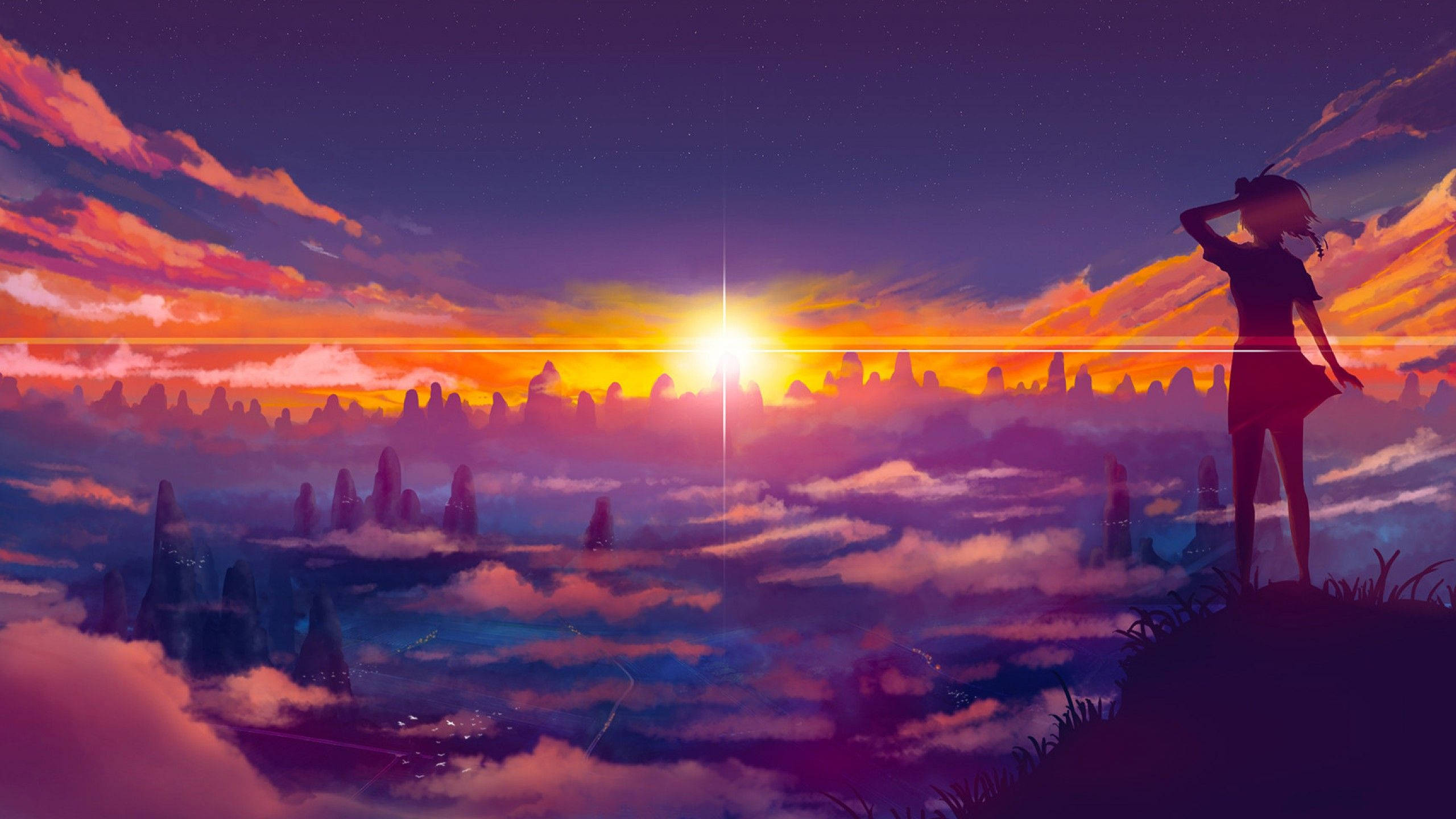 Portada de YouTube Chica Anime Atardecer Nublado Fondos de pantalla