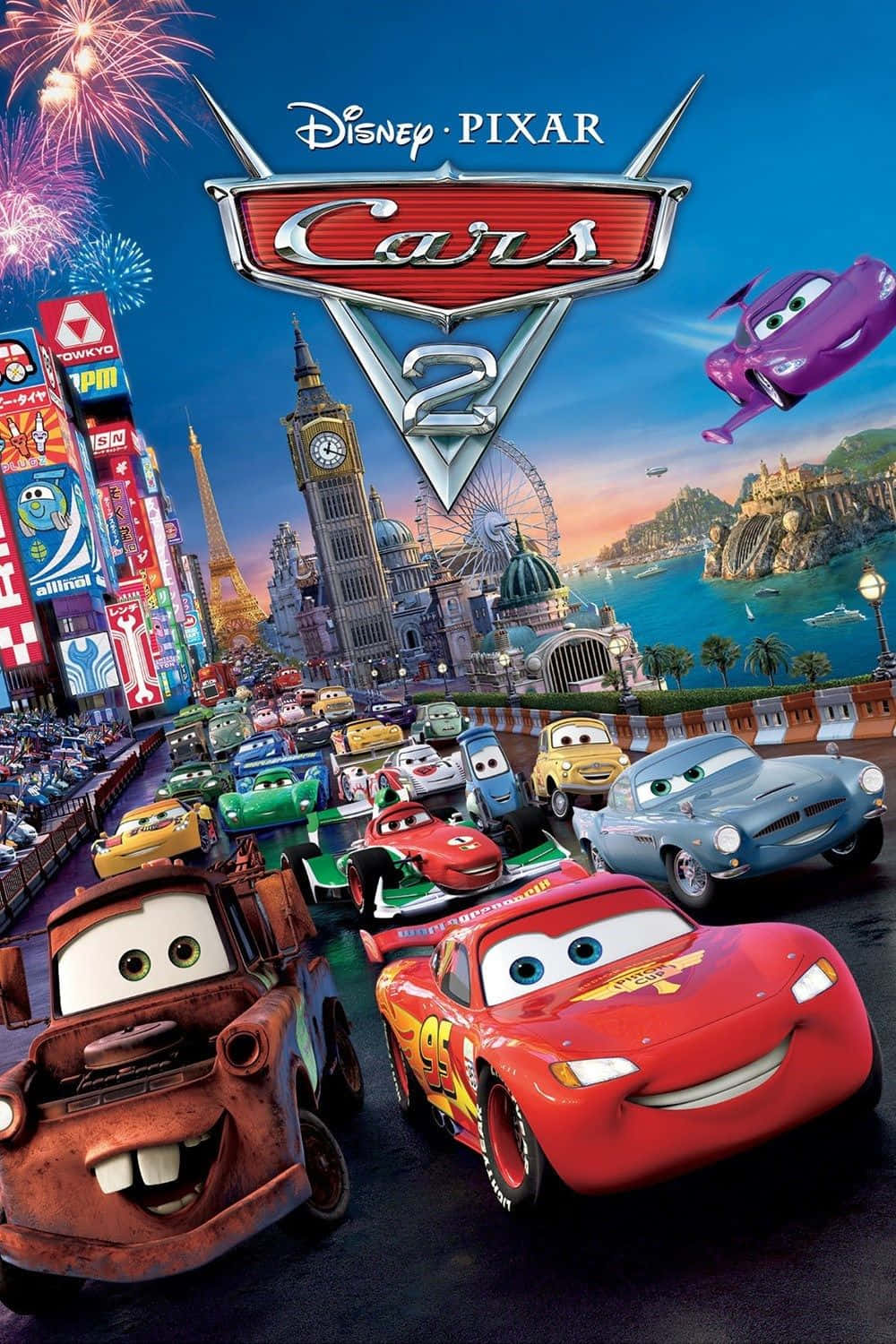 póster de la película Cars 2 con autos y fuegos artificiales Fondos de pantalla