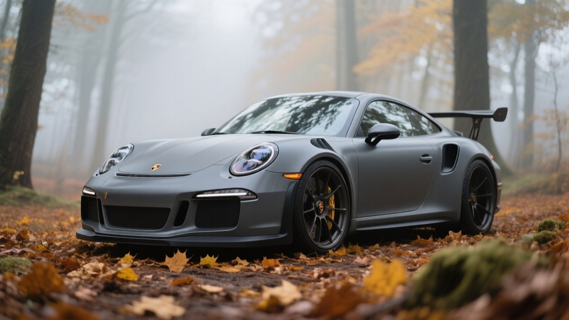 Porsche 911 GT3 RS gris mate en bosque otoñal