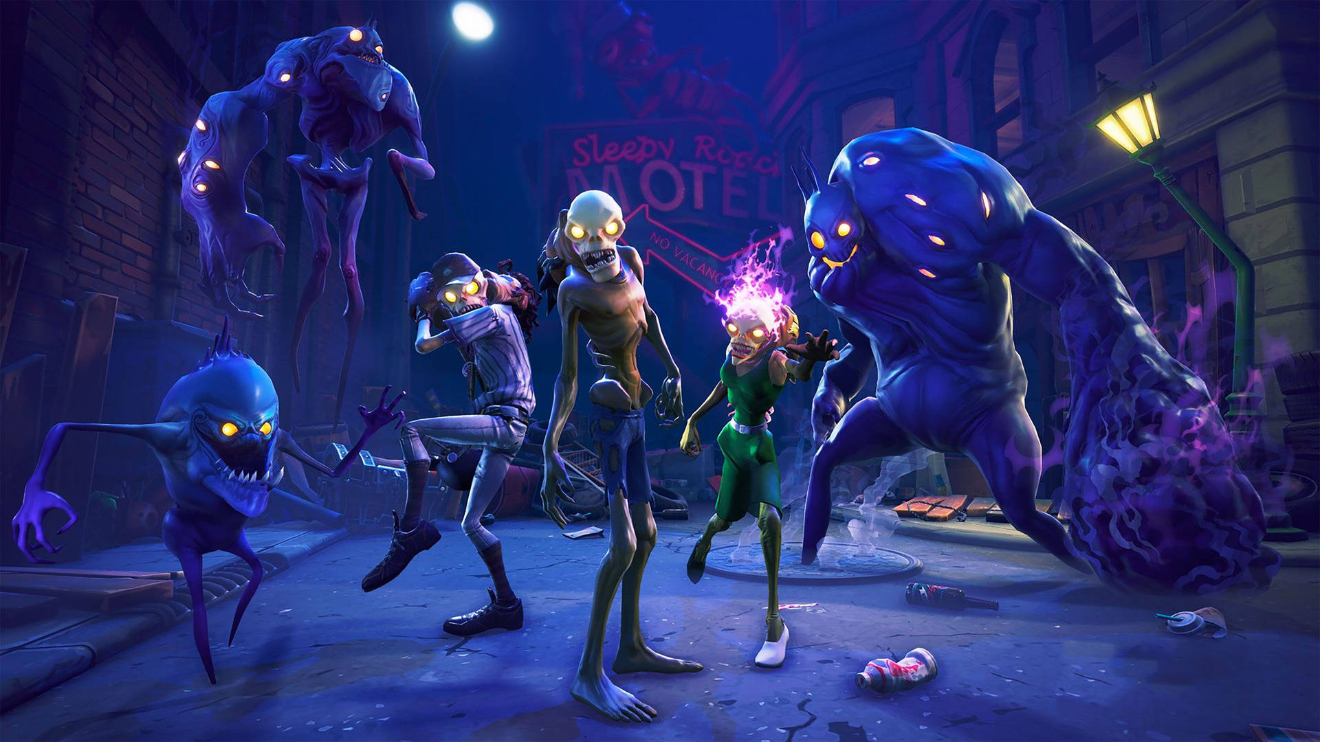 Zombis con diferentes disfraces y Minijefes del modo Salvar el Mundo en Fortnite, fondo de pantalla.