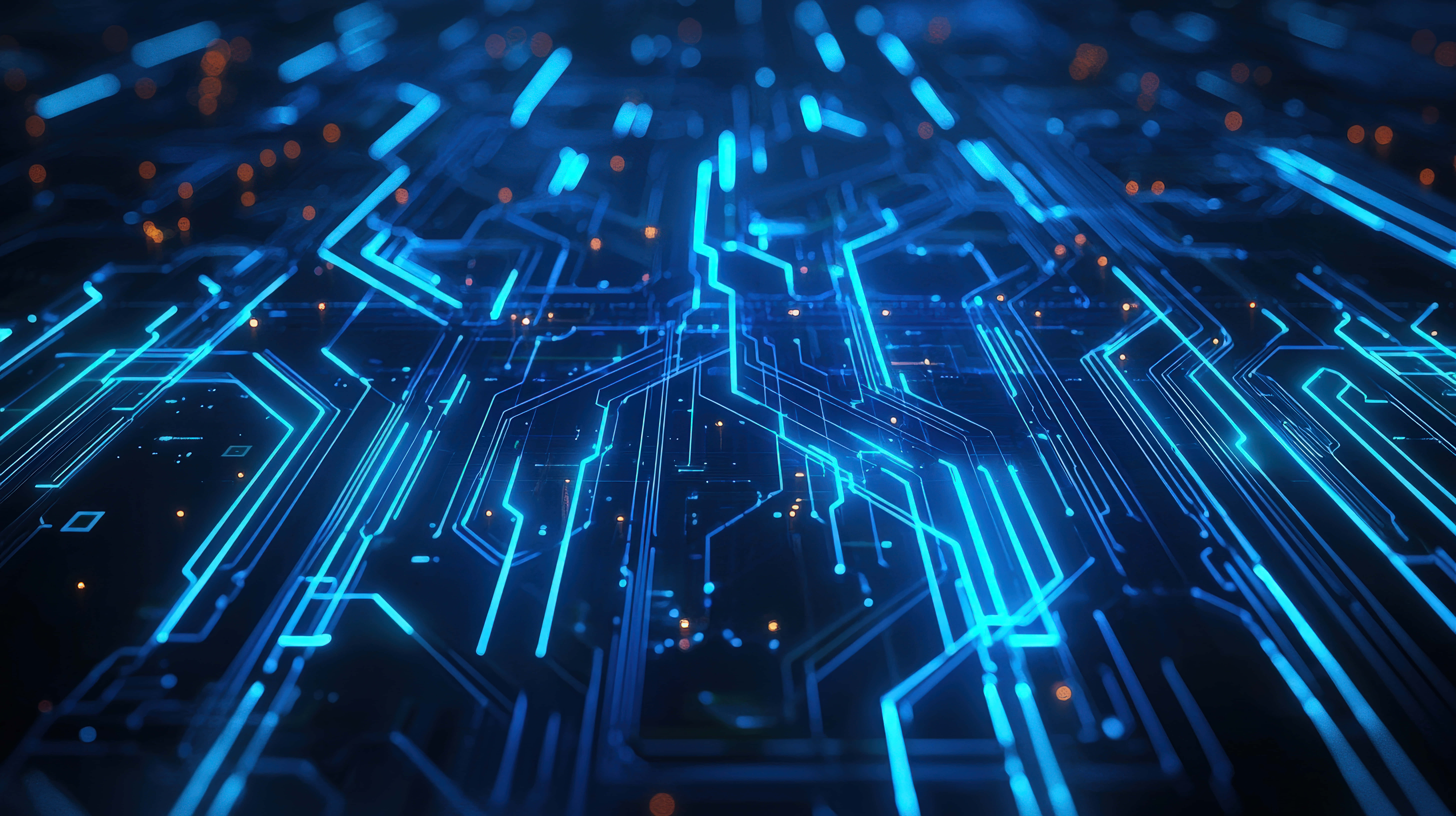 Primer plano de una placa de circuito digital avanzada con líneas azules brillantes, simbolizando tecnología e IA Fondos de pantalla