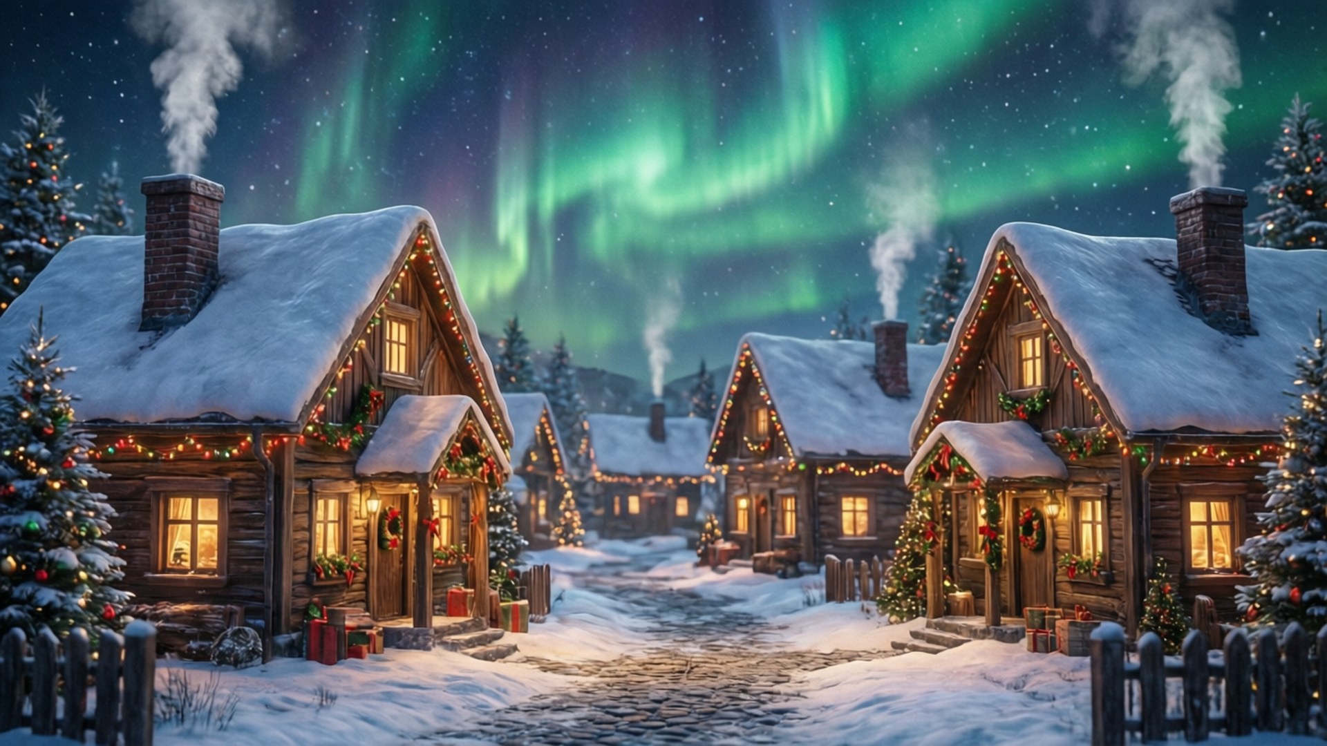 Pueblo Nevado Navideño Verde Fondos de pantalla