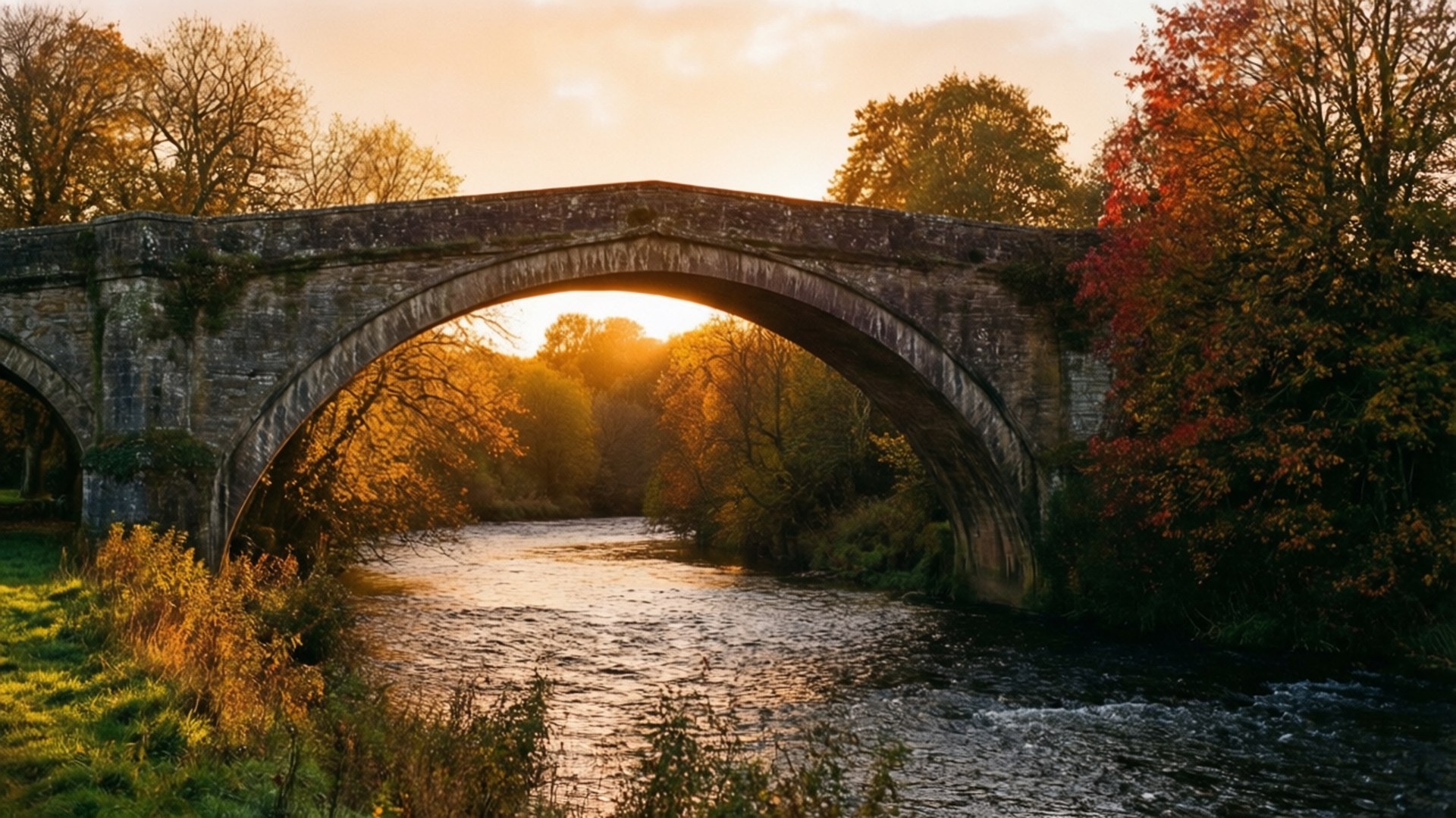 Puente Otoñal al Atardecer Fondos de pantalla