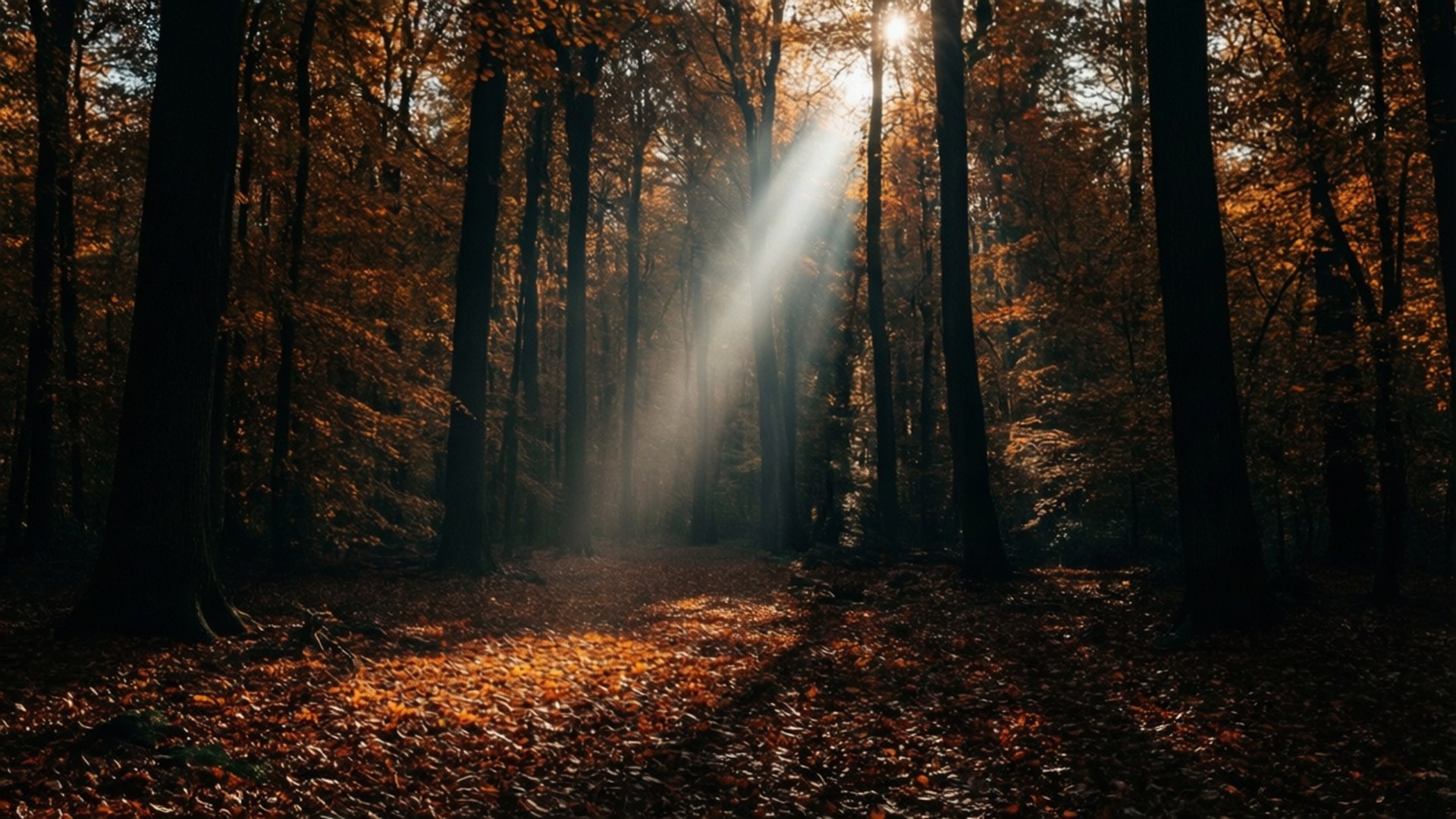 Rayo de sol otoñal en bosque oscuro Fondos de pantalla