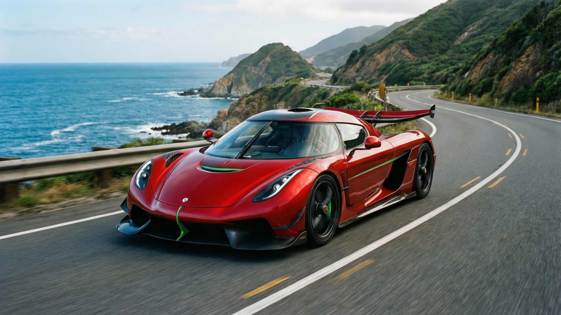 Un Koenigsegg Regera rojo toma una curva costera con océano y colinas.