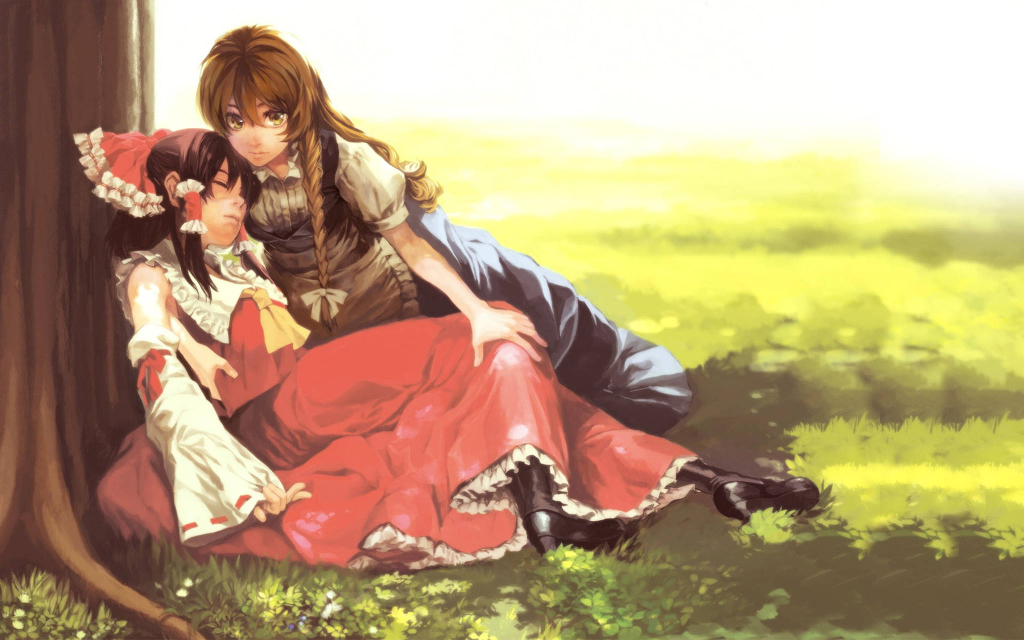 Reimu y Marisa, dos personajes de anime en un abrazo sincero Fondos de pantalla