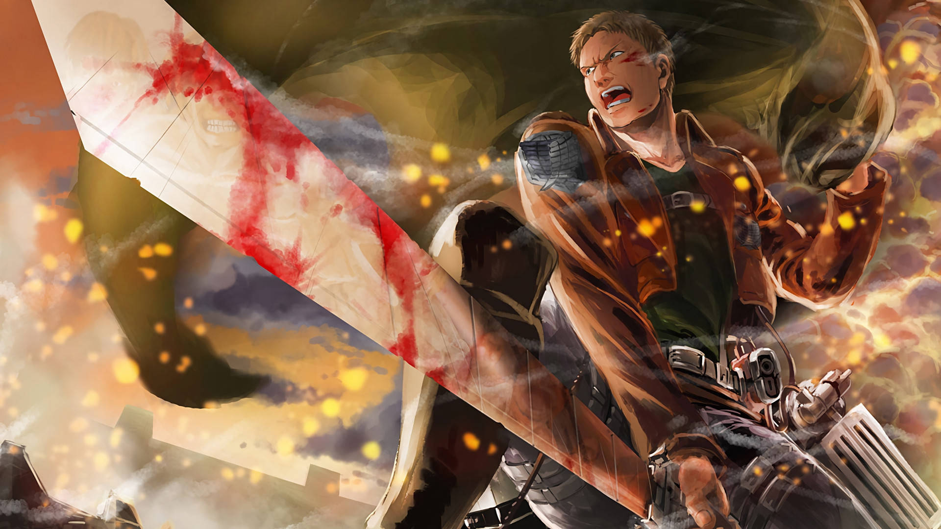 Reiner Braun con uniforme del Cuerpo de Exploración sosteniendo una espada ensangrentada en fondo de pantalla de fan art de Attack on Titan.