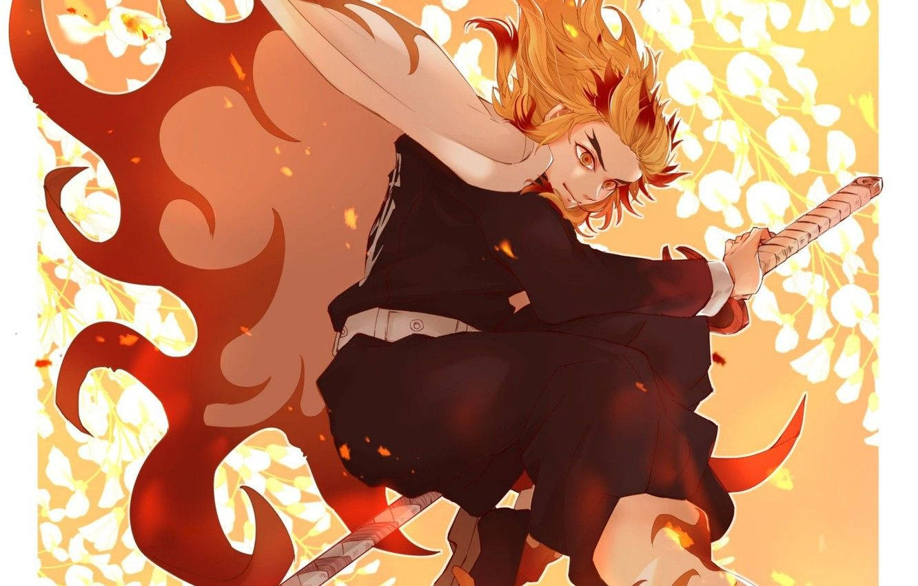 Fondo de pantalla de Demon Slayer del pilar de fuego Kyojuro Rengoku sosteniendo el borde de su espada.
