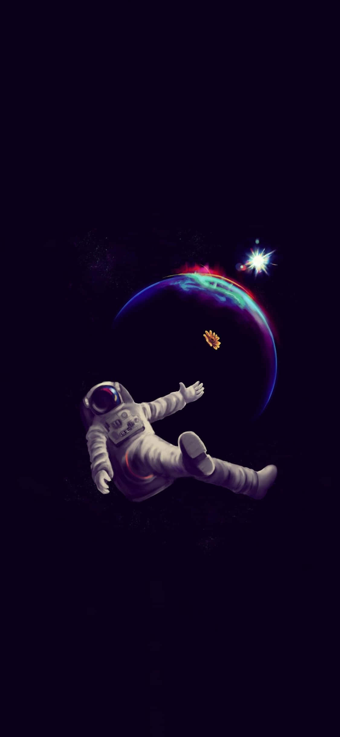 Representando el choque de dos mundos: este fondo de pantalla de astronauta para iPhone lleva las infinitas posibilidades del espacio a tu bolsillo. Fondos de pantalla
