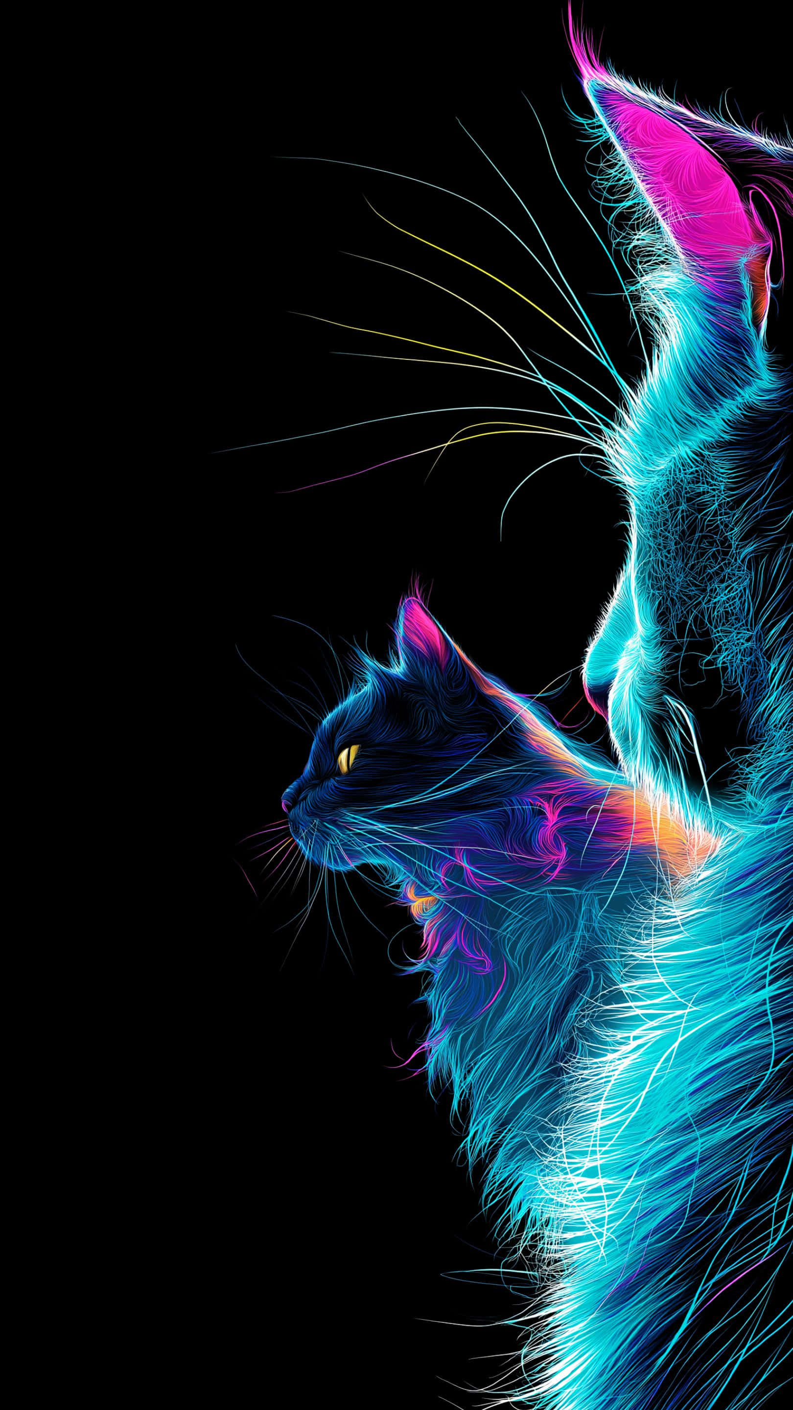 Resplandor neón felino vibrante sobre un lienzo oscuro, mostrando un par de gatos místicos Fondos de pantalla