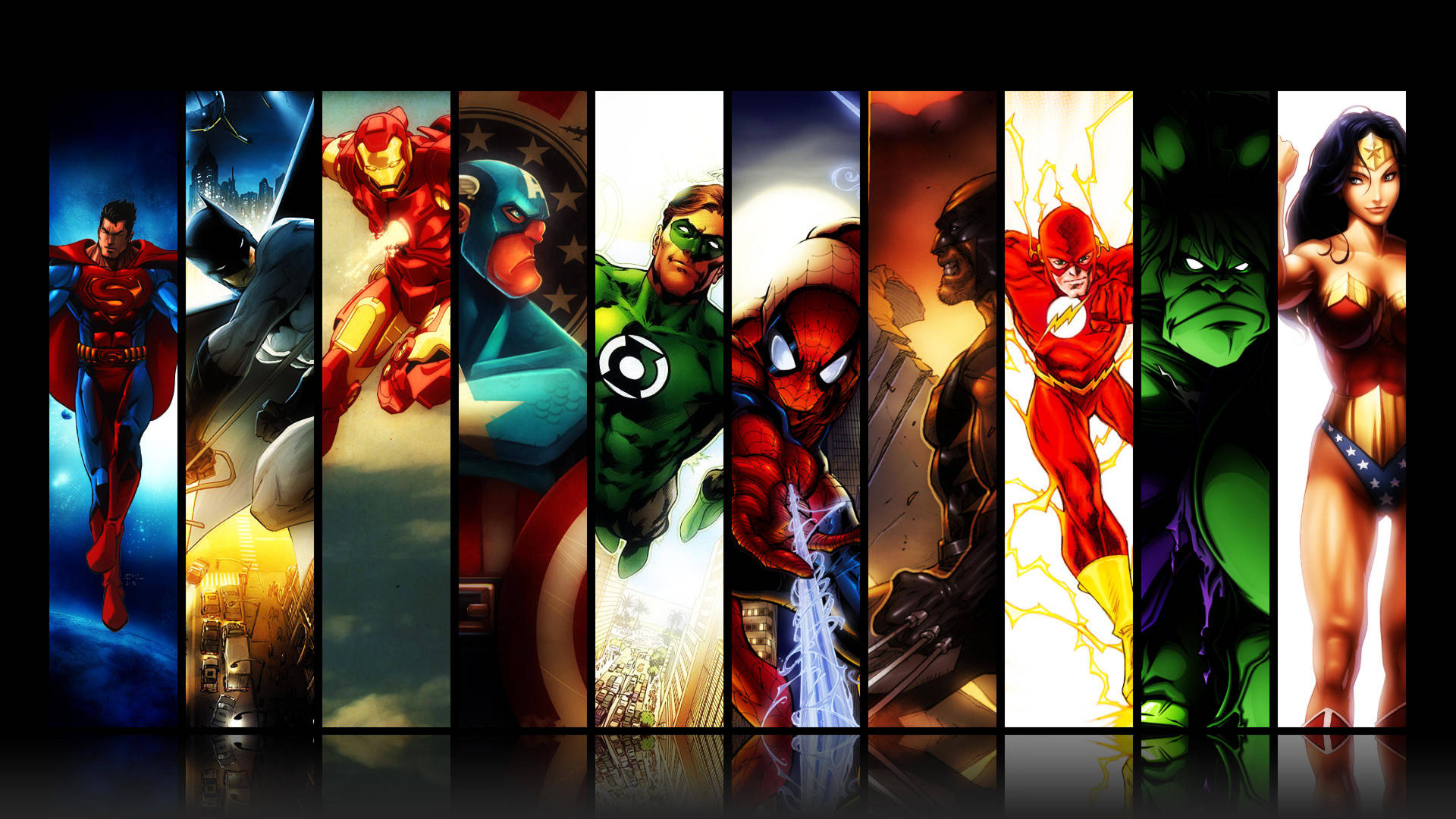 Superhéroes de Marvel en fondo de rayas con cada personaje.