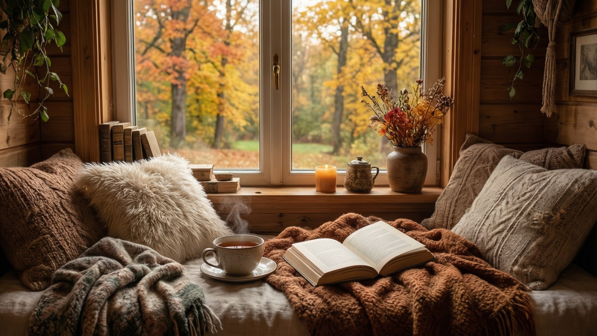 Rincón de lectura acogedor de otoño Fondos de pantalla