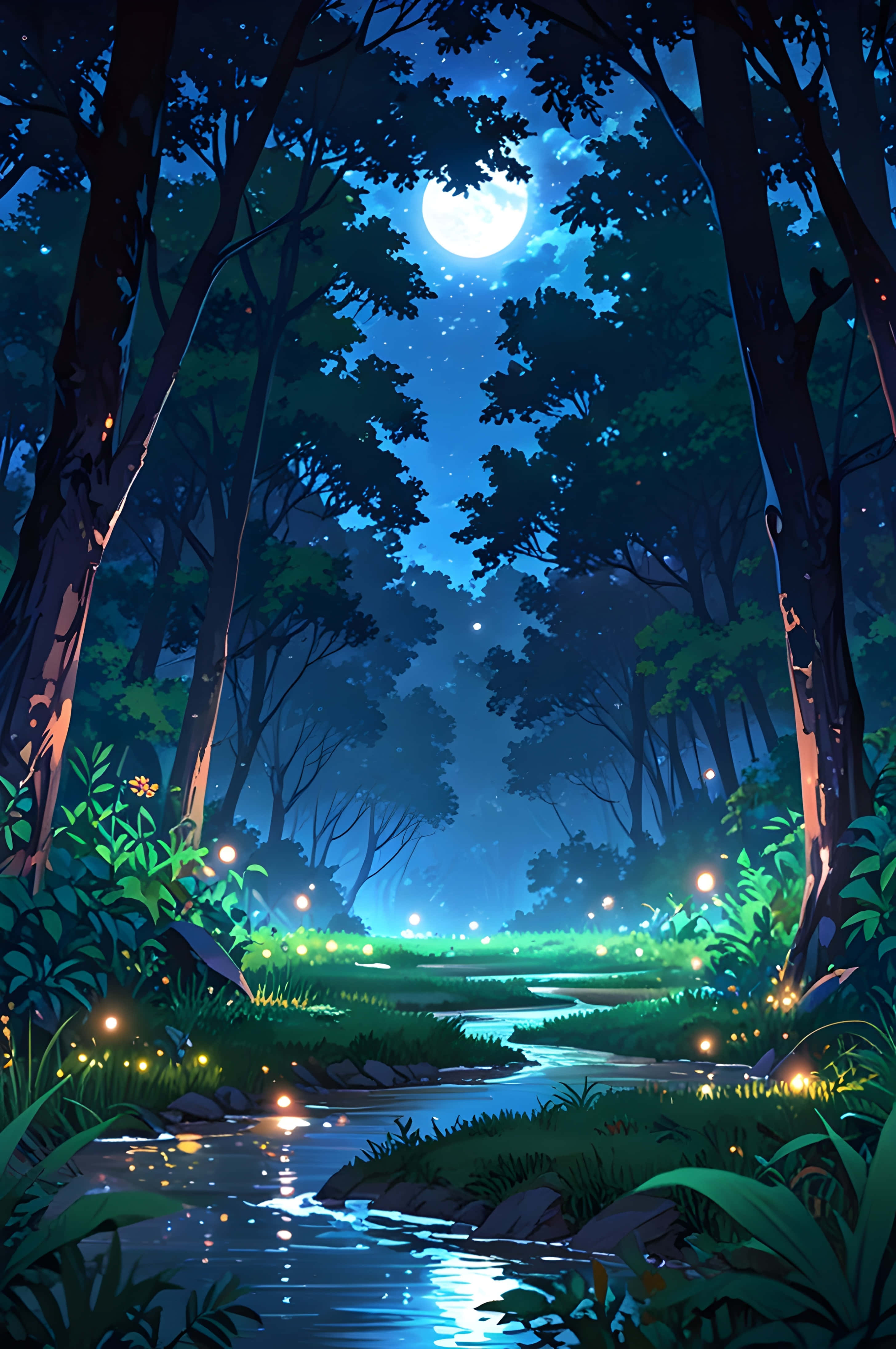 Río del Bosque Iluminado por la Luna Fondos de pantalla