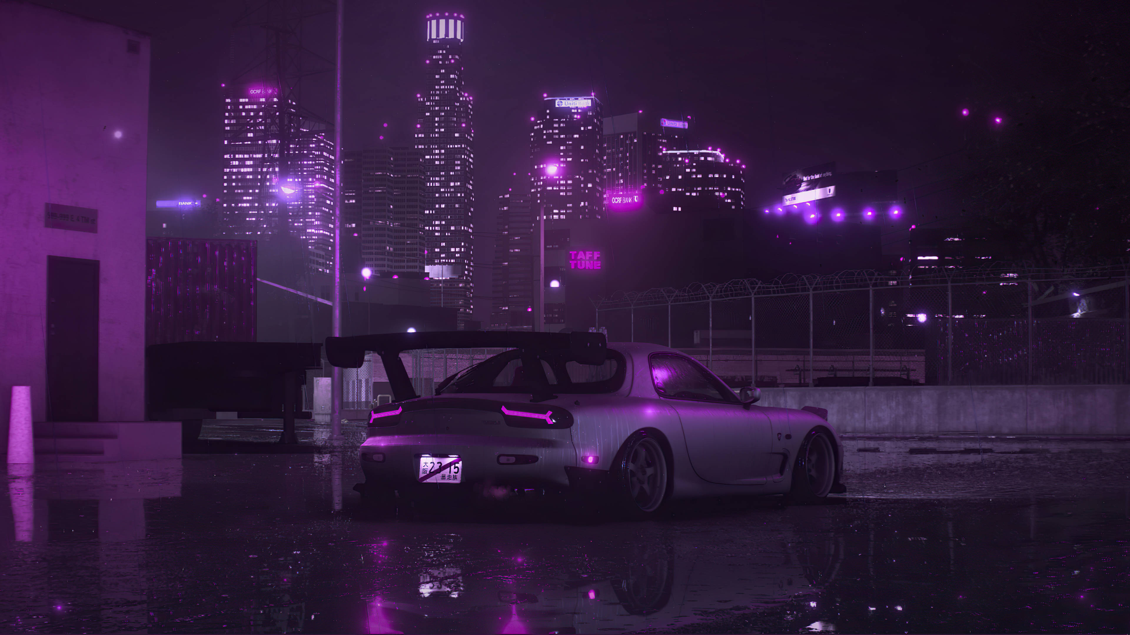RX7 plateada y ciudad púrpura Fondos de pantalla