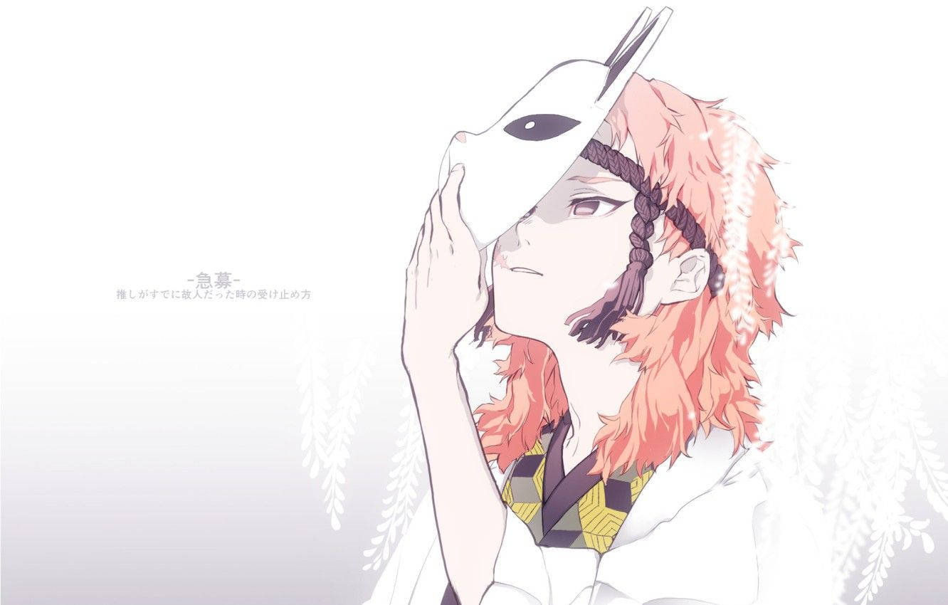 Fondo de pantalla de Demon Slayer de Sabito usando una máscara de kitsune con flores de glicina blancas. — Demon Slayer Fondos de pantalla