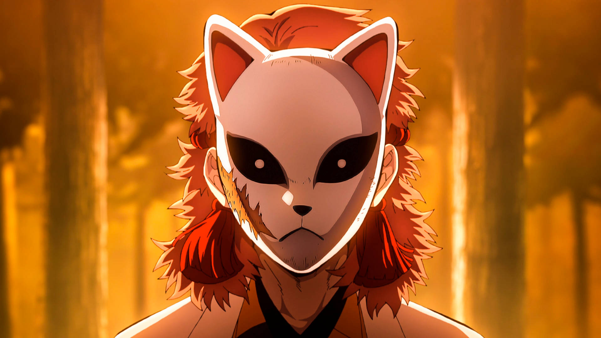 Fondo de pantalla de Demon Slayer de Sabito usando una máscara Kitsune blanca con cicatrices.