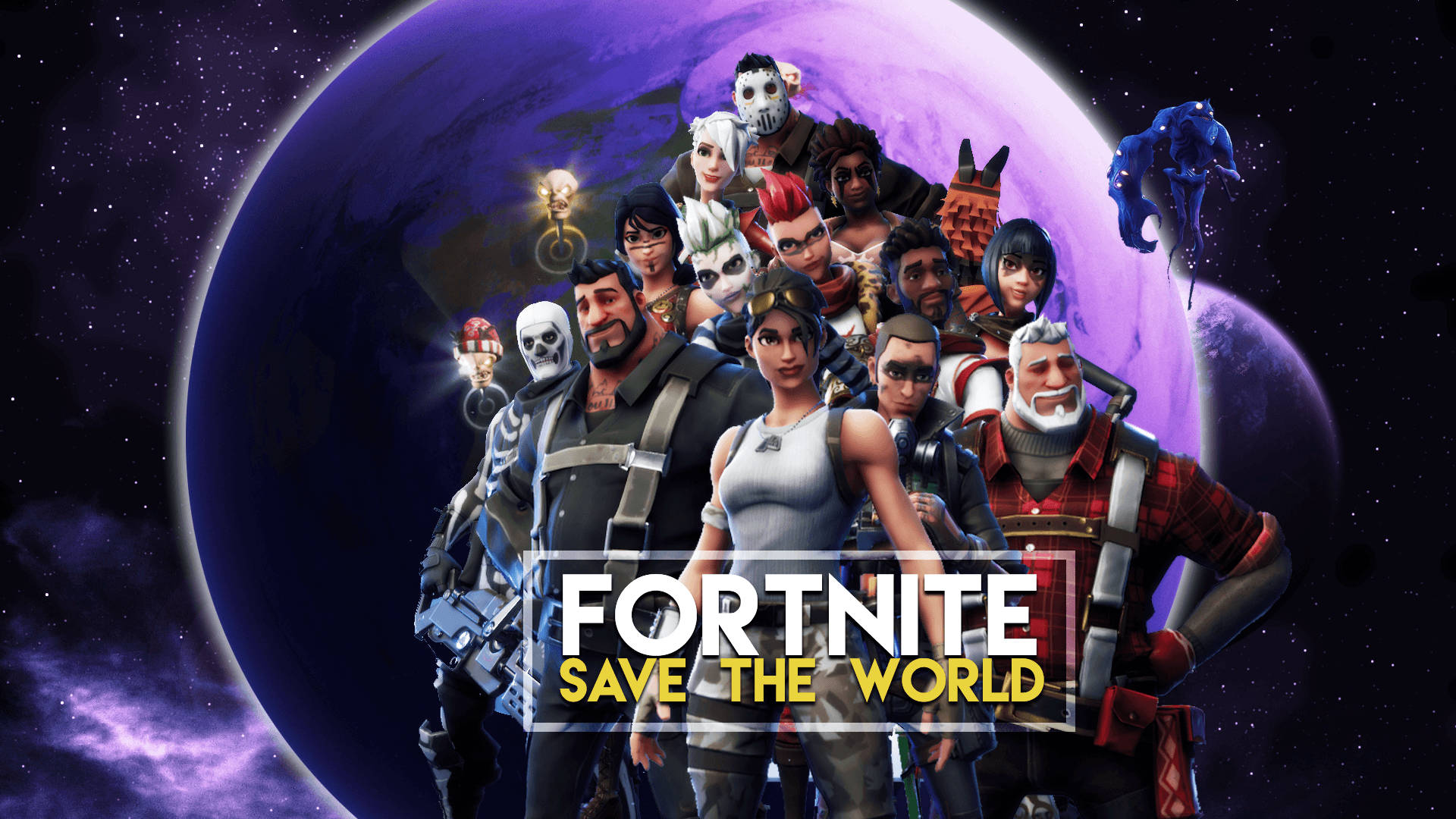 Compilación de Fortnite con varios personajes del modo Salvar el Mundo y fondo de planeta.