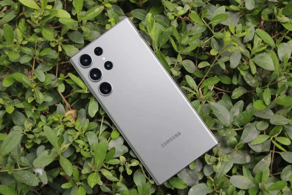 Samsung S23 Ultra sobre fondo de hojas verdes Fondos de pantalla