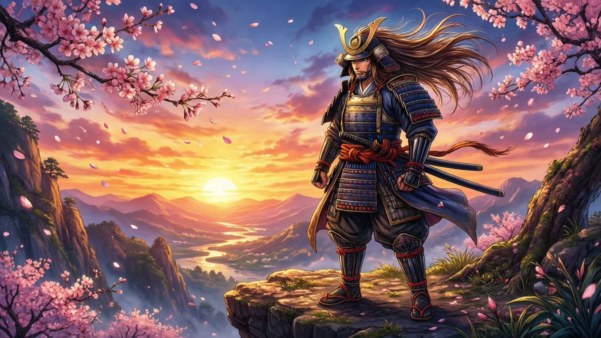 Samurái al atardecer estilo manga Fondos de pantalla