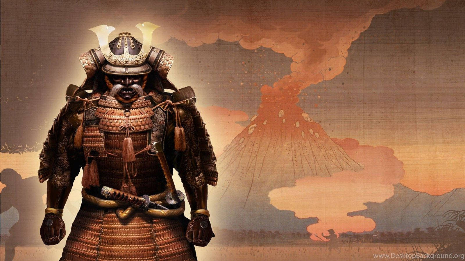 Samurái japonés y volcán Fondos de pantalla